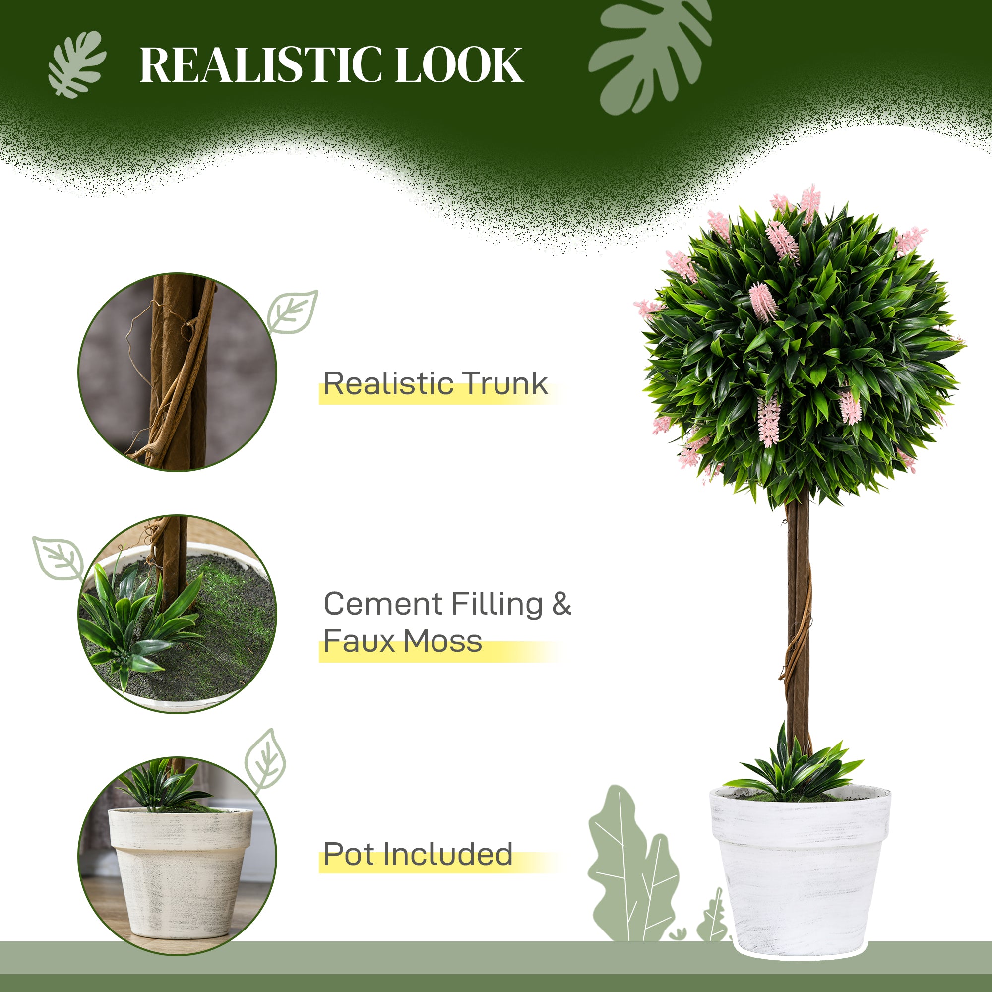 HOMCOM Set of 2 Decorative Artificial Plants Ball Trees with Lavender Flowers in Pot Fake Plants for Home Indoor Outdoor Decor, 60cm, Pink