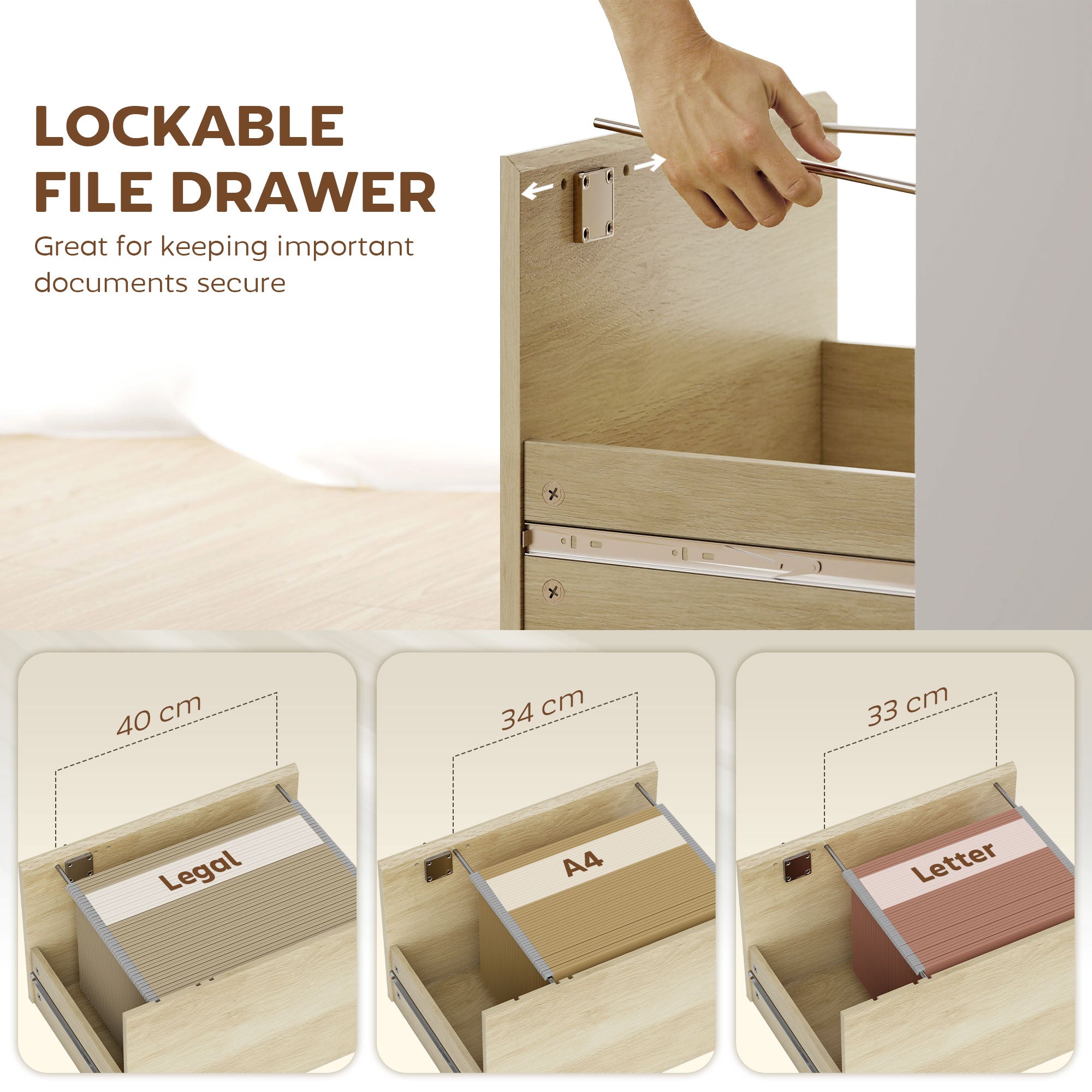 126 cm Computer Desk, Home Office Desk with Bookshelf and Lockable Drawer, Adjustable Hanging Rails for A4 and Letter Size Files, Small Writing Table for Bedroom, Study Room, Oak Wood Effect