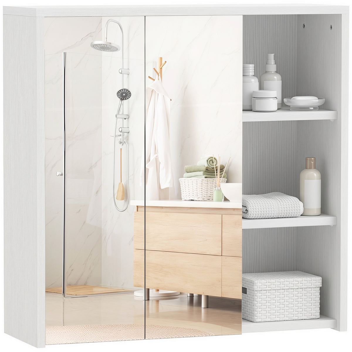 Bathroom Medicine Cabinet with Mirror, Wall Mount Mirror Cabinet with Open Shelves, 2 Soft-Close Doors, Bathroom Storage Organizer, White Wood Grain