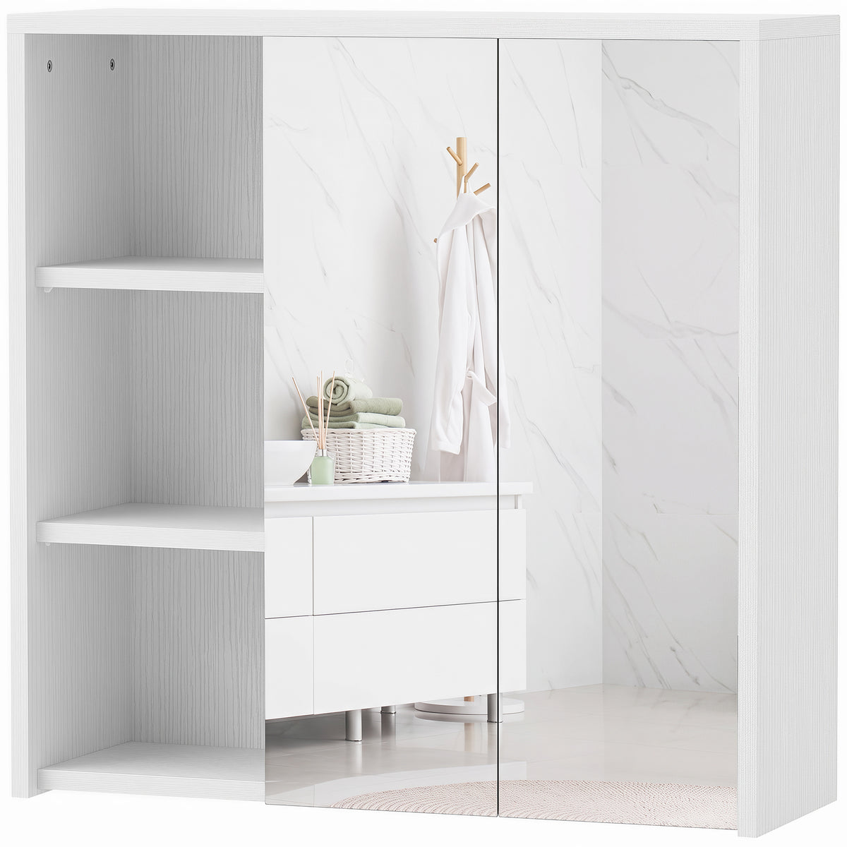 Bathroom Medicine Cabinet with Mirror, Wall Mount Mirror Cabinet with Open Shelves, 2 Soft-Close Doors, Bathroom Storage Organizer, White Wood Grain
