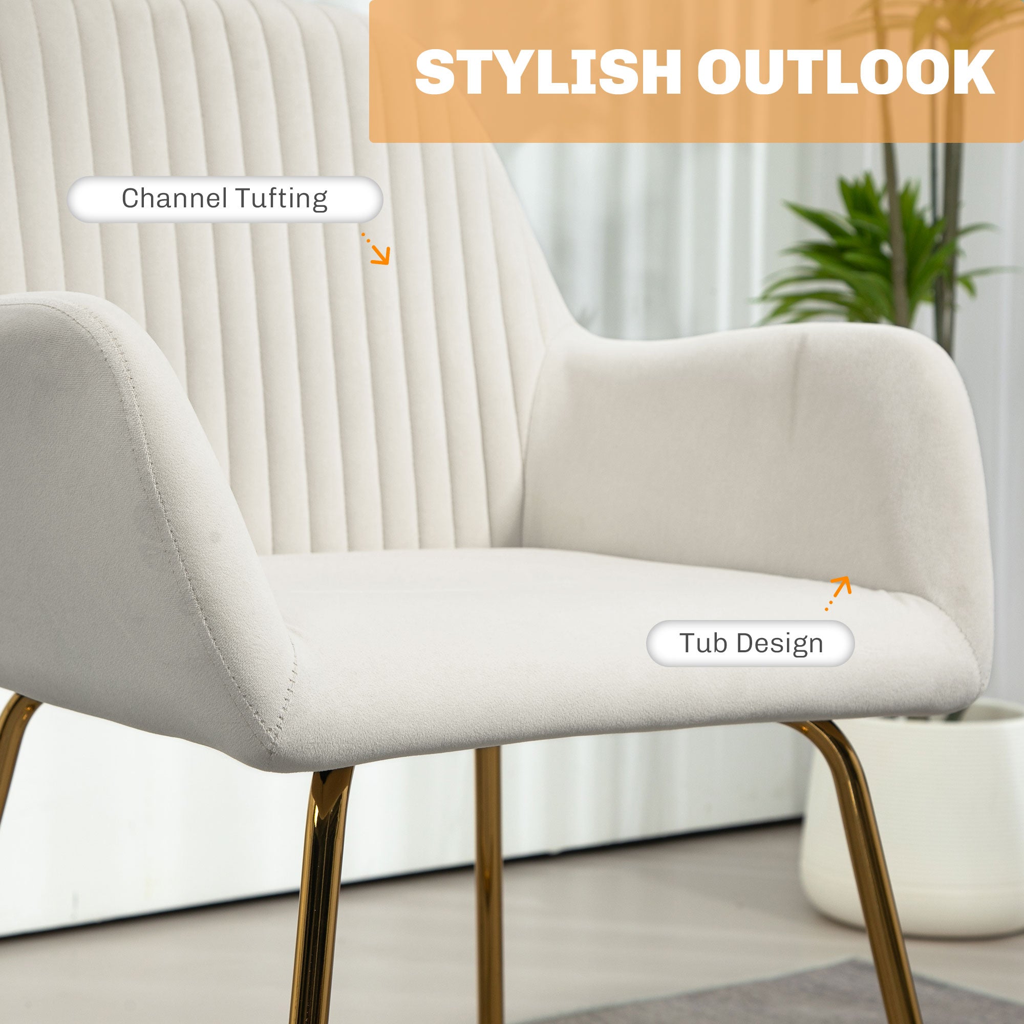 HOMCOM Modern Accent Chair, Velvet-Touch Fabric Upholstered Armchair with Metal Base for Living Room, Bedroom and Dinning Room, Cream White