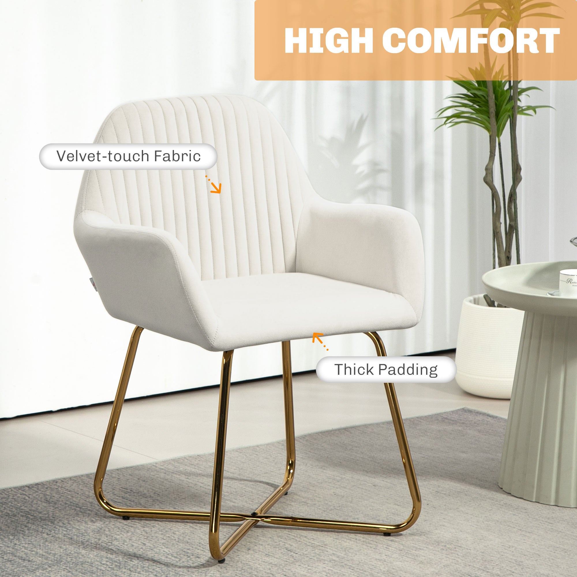 HOMCOM Modern Accent Chair, Velvet-Touch Fabric Upholstered Armchair with Metal Base for Living Room, Bedroom and Dinning Room, Cream White