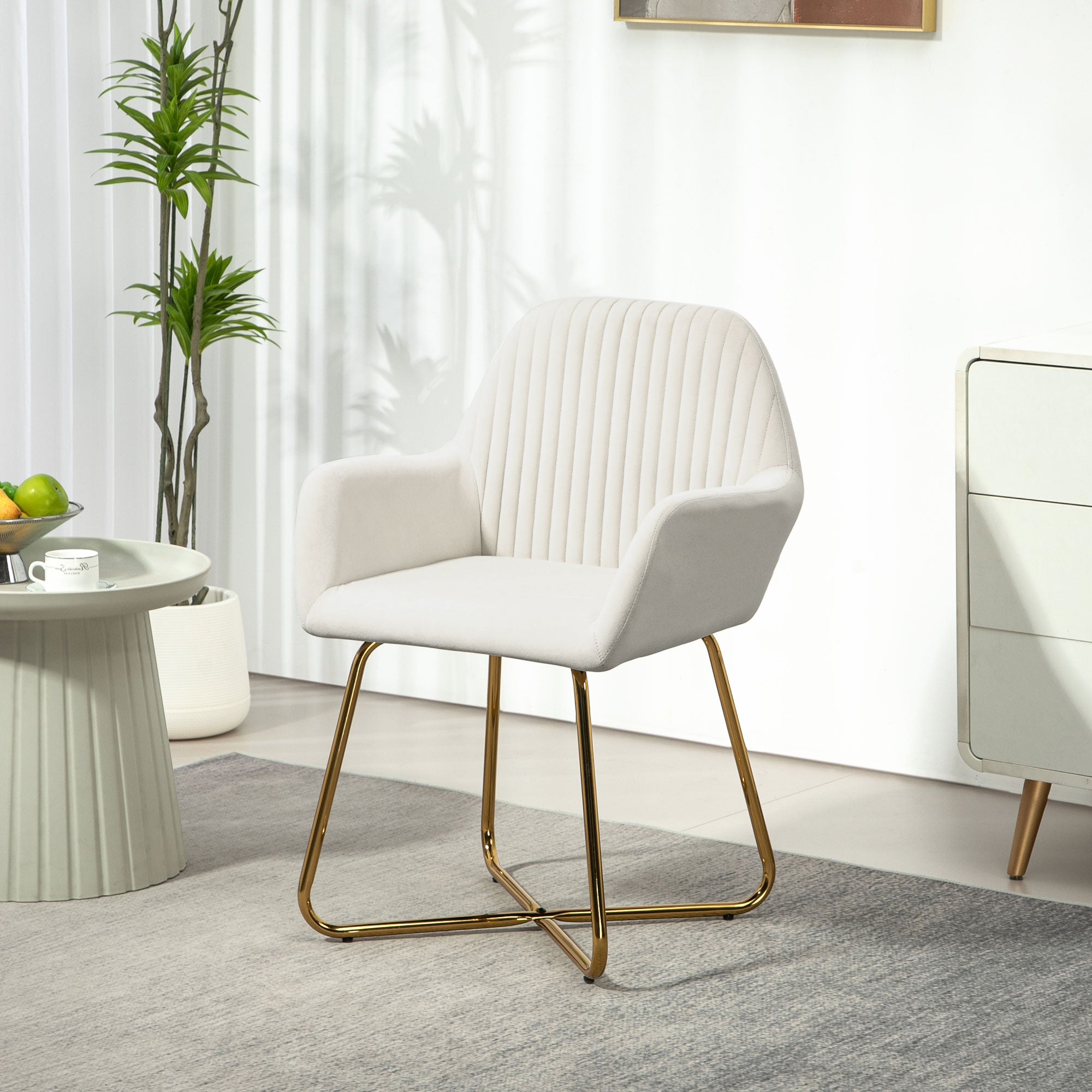 HOMCOM Modern Accent Chair, Velvet-Touch Fabric Upholstered Armchair with Metal Base for Living Room, Bedroom and Dinning Room, Cream White