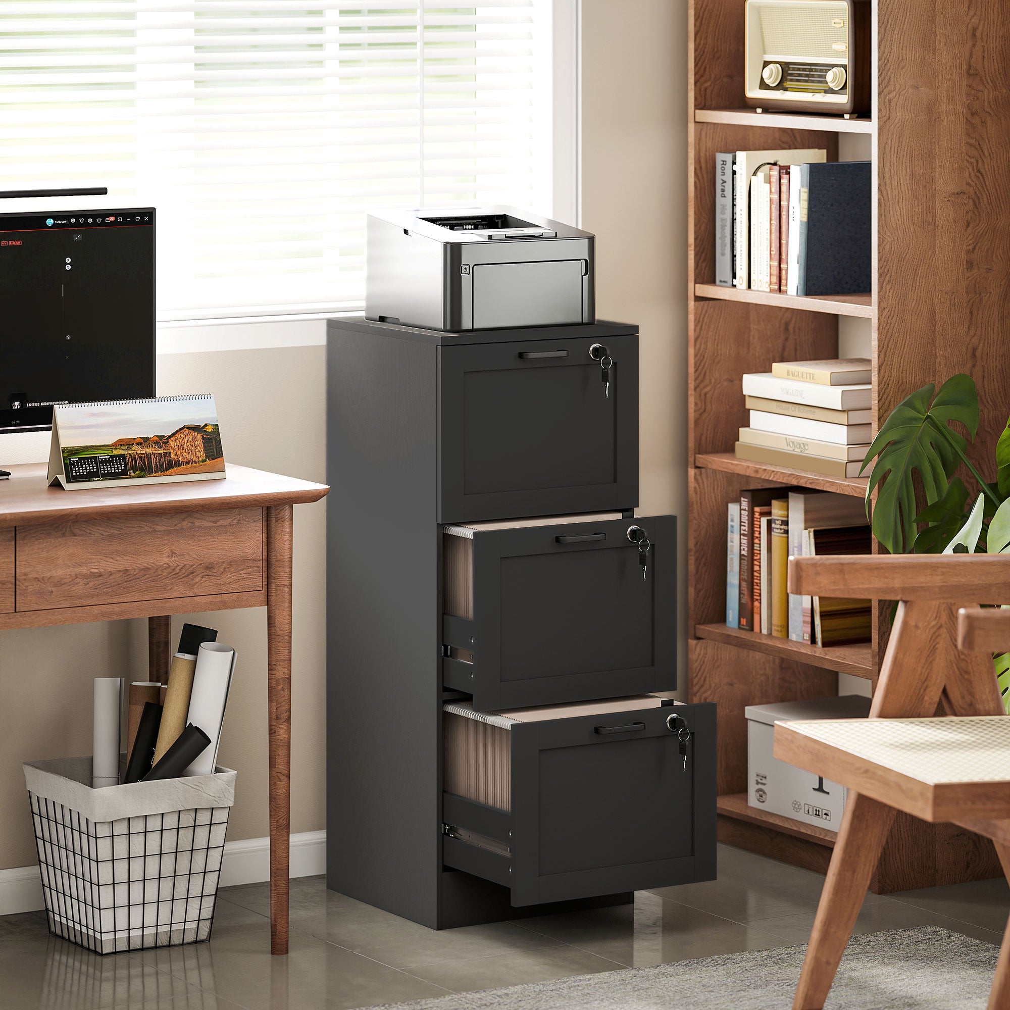 3 Drawer File Cabinet with Lock, Vertical Filing Cabinet with Adjustable Hanging Bars for A4 and Letter Size File Folders, Printer Stand with Storage, Black