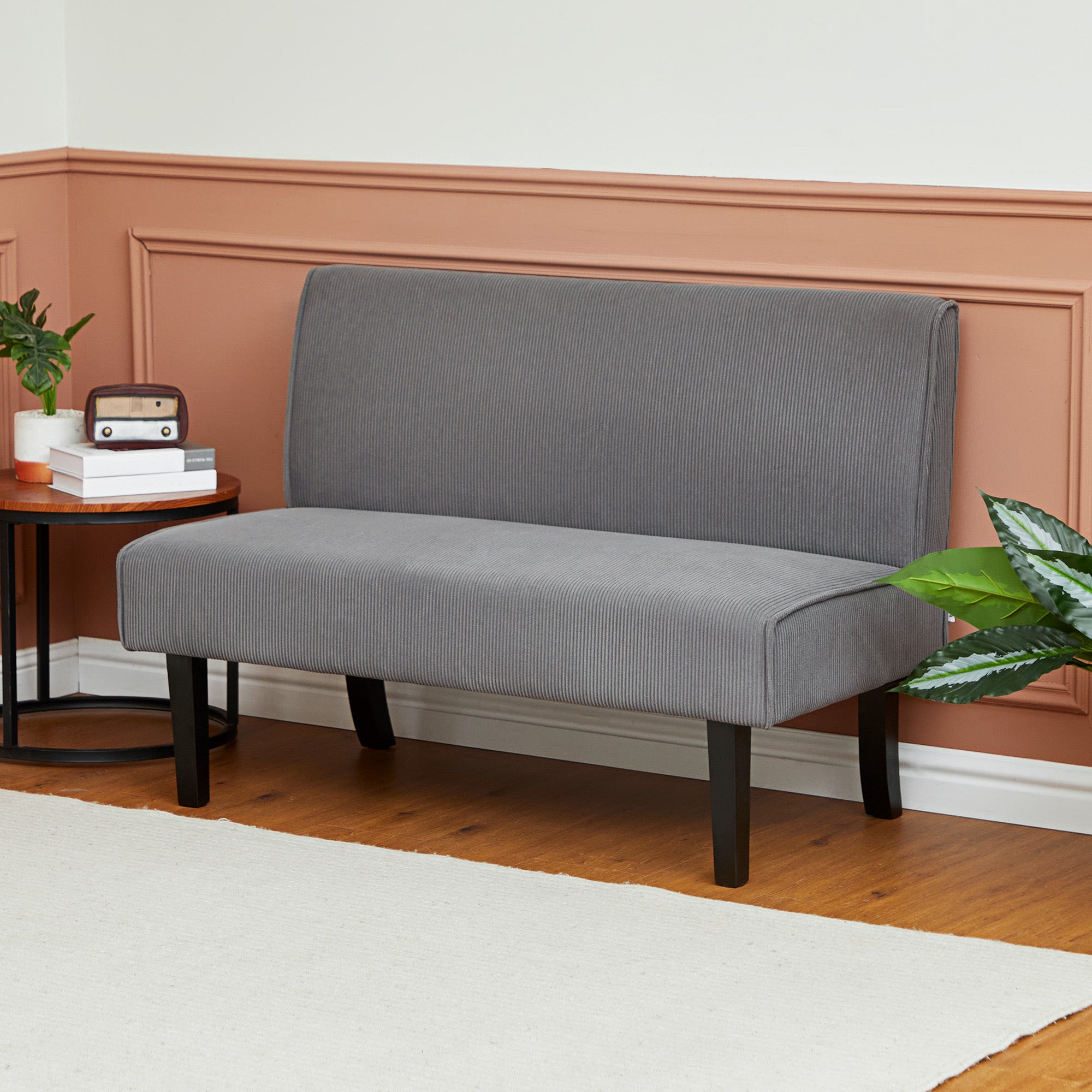 HOMCOM 46.5" Loveseat with USB Ports, Modern Love Seat with Rubber Wood Legs, Corduroy 2 Seater Sofa Couch for Living Room, Bedroom, Home Office, Small Space, Grey