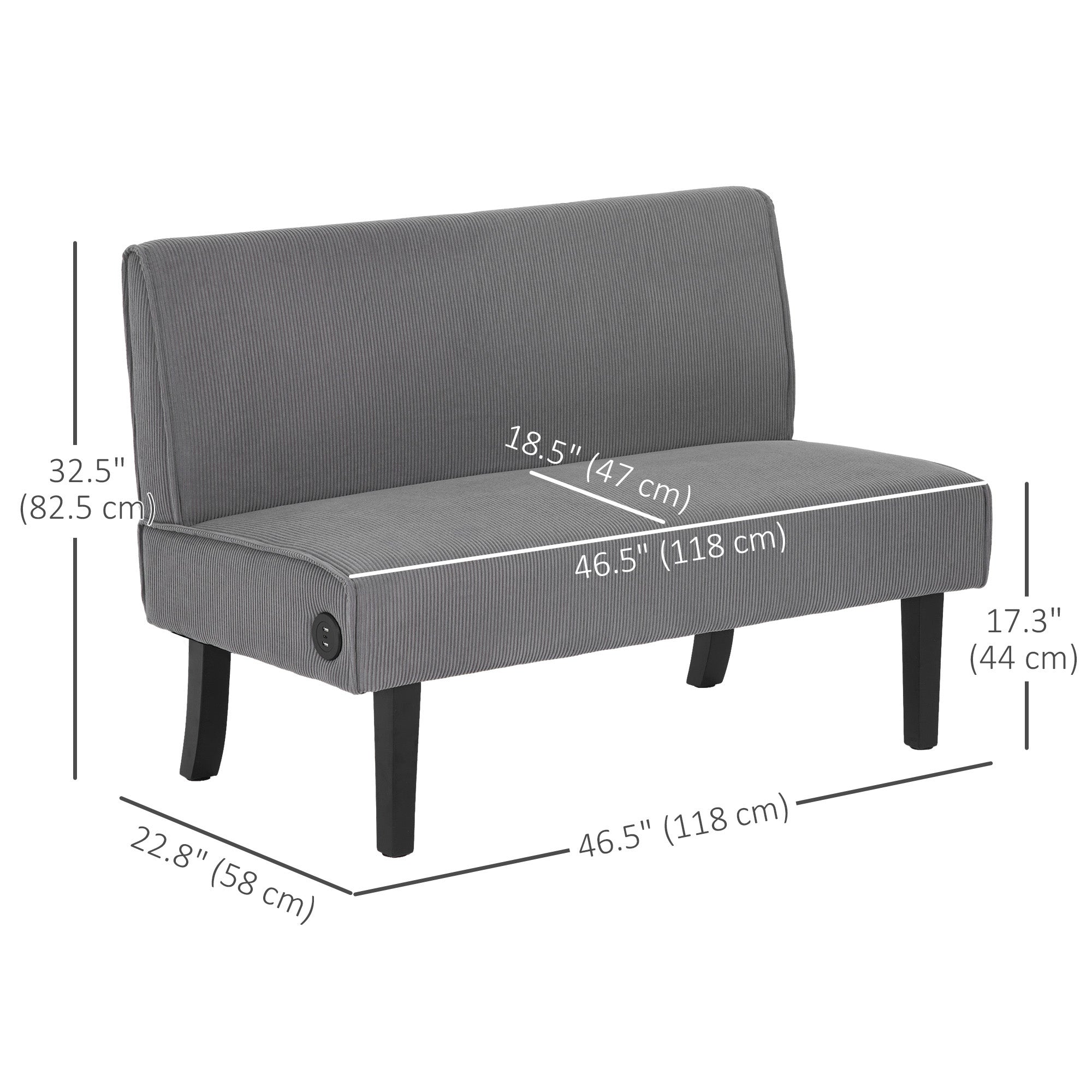 HOMCOM 46.5" Loveseat with USB Ports, Modern Love Seat with Rubber Wood Legs, Corduroy 2 Seater Sofa Couch for Living Room, Bedroom, Home Office, Small Space, Grey
