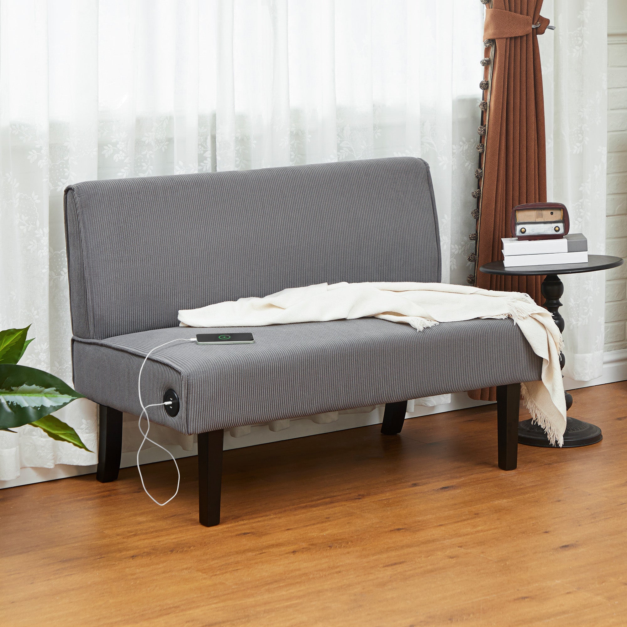 HOMCOM 46.5" Loveseat with USB Ports, Modern Love Seat with Rubber Wood Legs, Corduroy 2 Seater Sofa Couch for Living Room, Bedroom, Home Office, Small Space, Grey