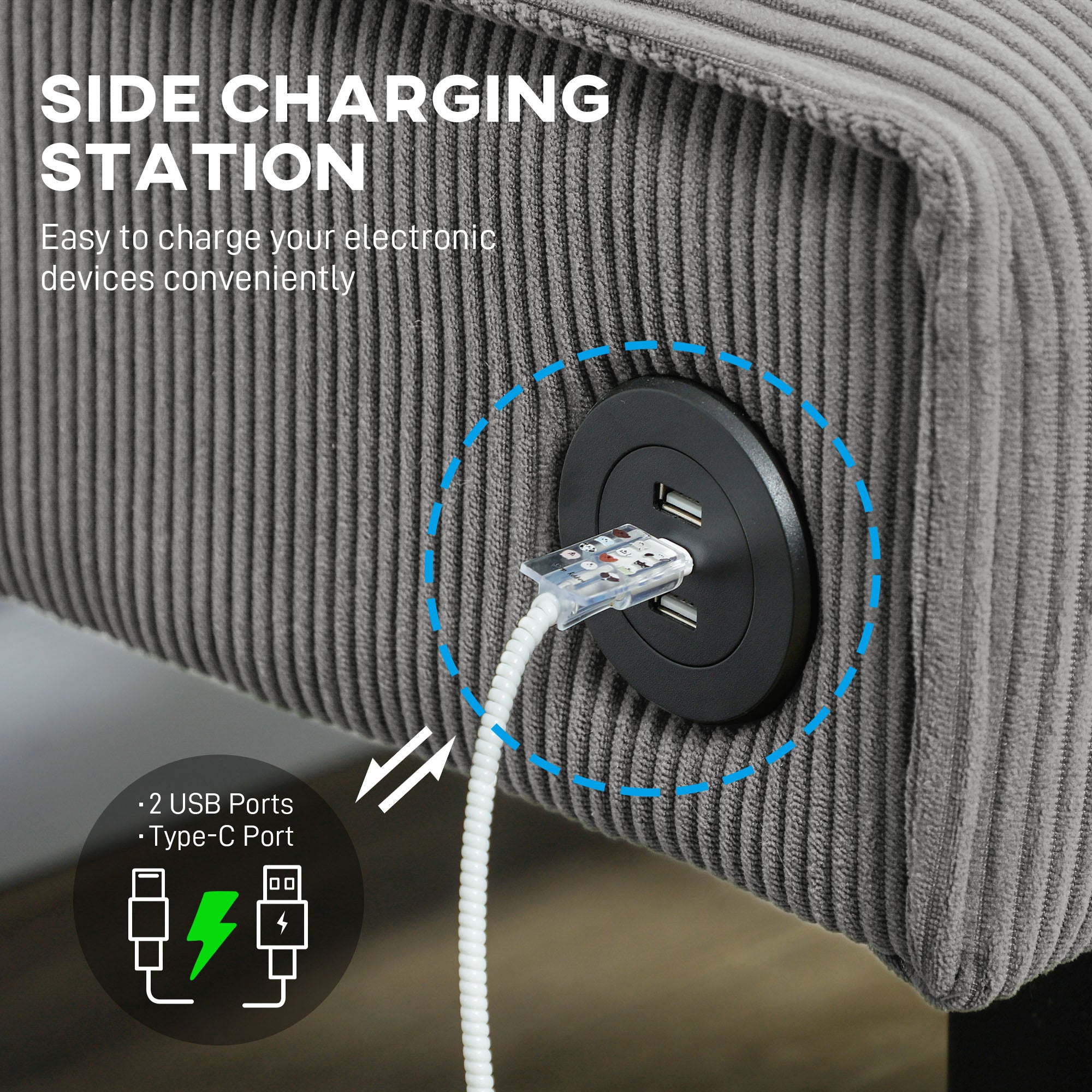 HOMCOM 46.5" Loveseat with USB Ports, Modern Love Seat with Rubber Wood Legs, Corduroy 2 Seater Sofa Couch for Living Room, Bedroom, Home Office, Small Space, Grey