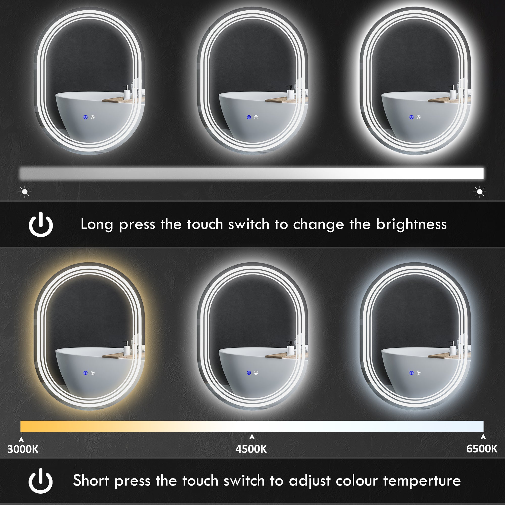 kleankin Bathroom Mirror with LED Lights, 70 x 50cm Dimmable Makeup Mirror with 3 Colour Light, Anti-fog, Memory Function, Touch Switch, Vertical or Horizontal Mounted