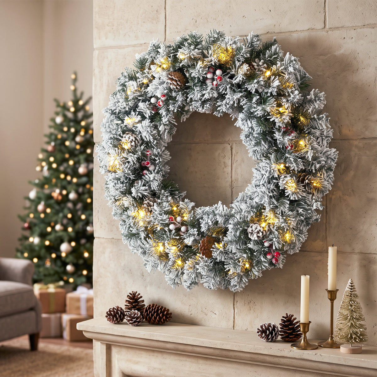 24 Inch Pre-Lit Christmas Wreath for Front Door with LED Lights, Pine Cones and Berries, Flocked Winter Wreath for Windows, Wall Decoration, Green