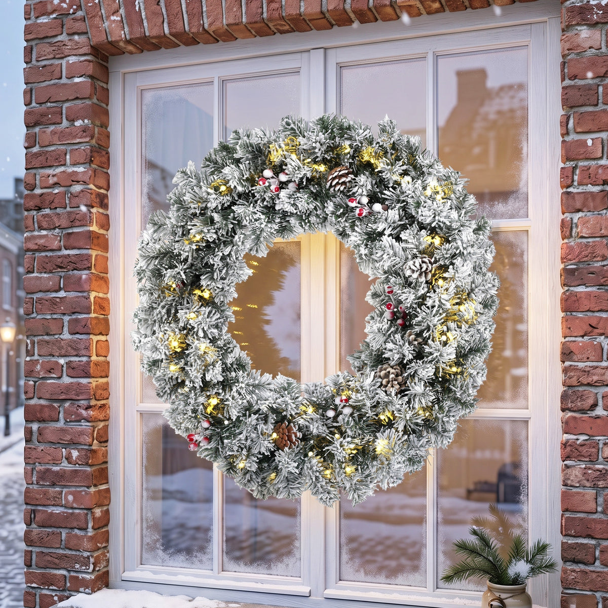 24 Inch Pre-Lit Christmas Wreath for Front Door with LED Lights, Pine Cones and Berries, Flocked Winter Wreath for Windows, Wall Decoration, Green