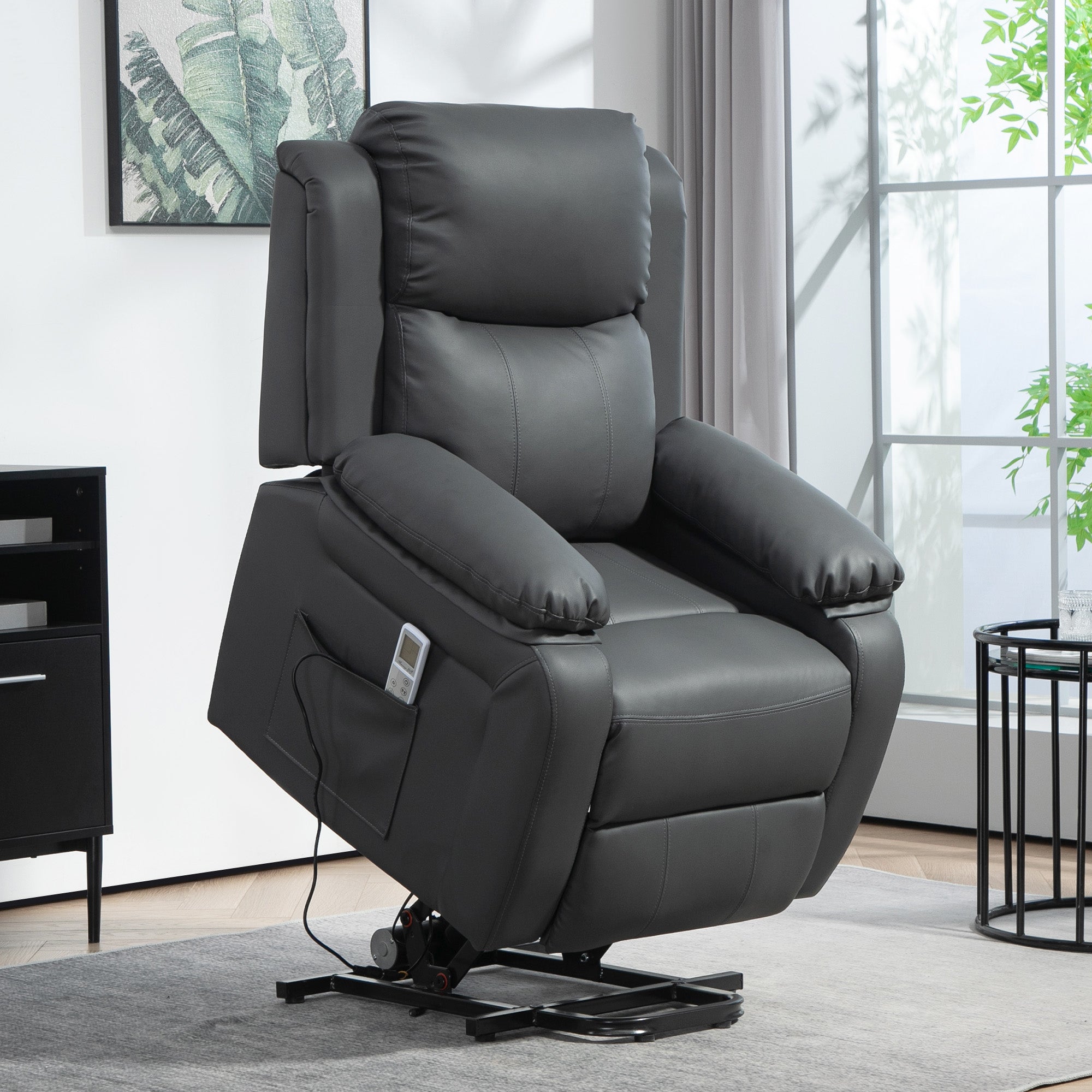 Riser and Recliner Chair with Vibration Massage, PU Leather Power Lift Chair for Elderly with Thick and High Back, Headrest, Removable Armrests, Side Pockets, Electric Lift Armchair, Dark Grey