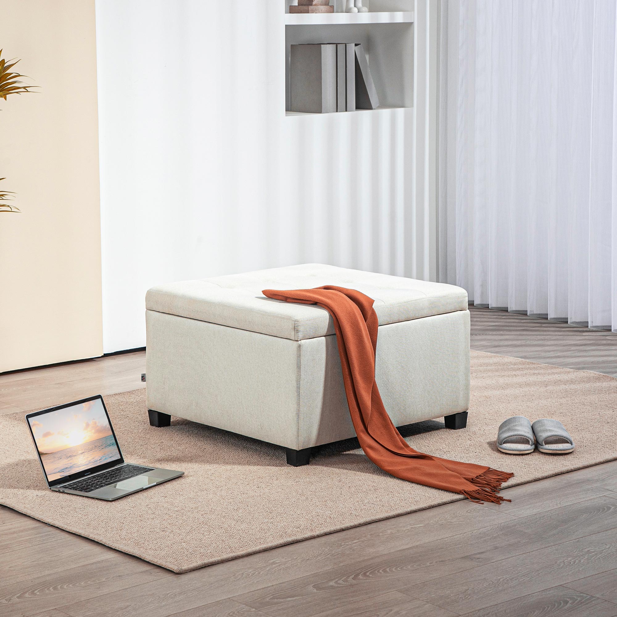 Round Storage Ottoman Bench, Button Tufted Ottoman with Flip Top for Entryway, Beige