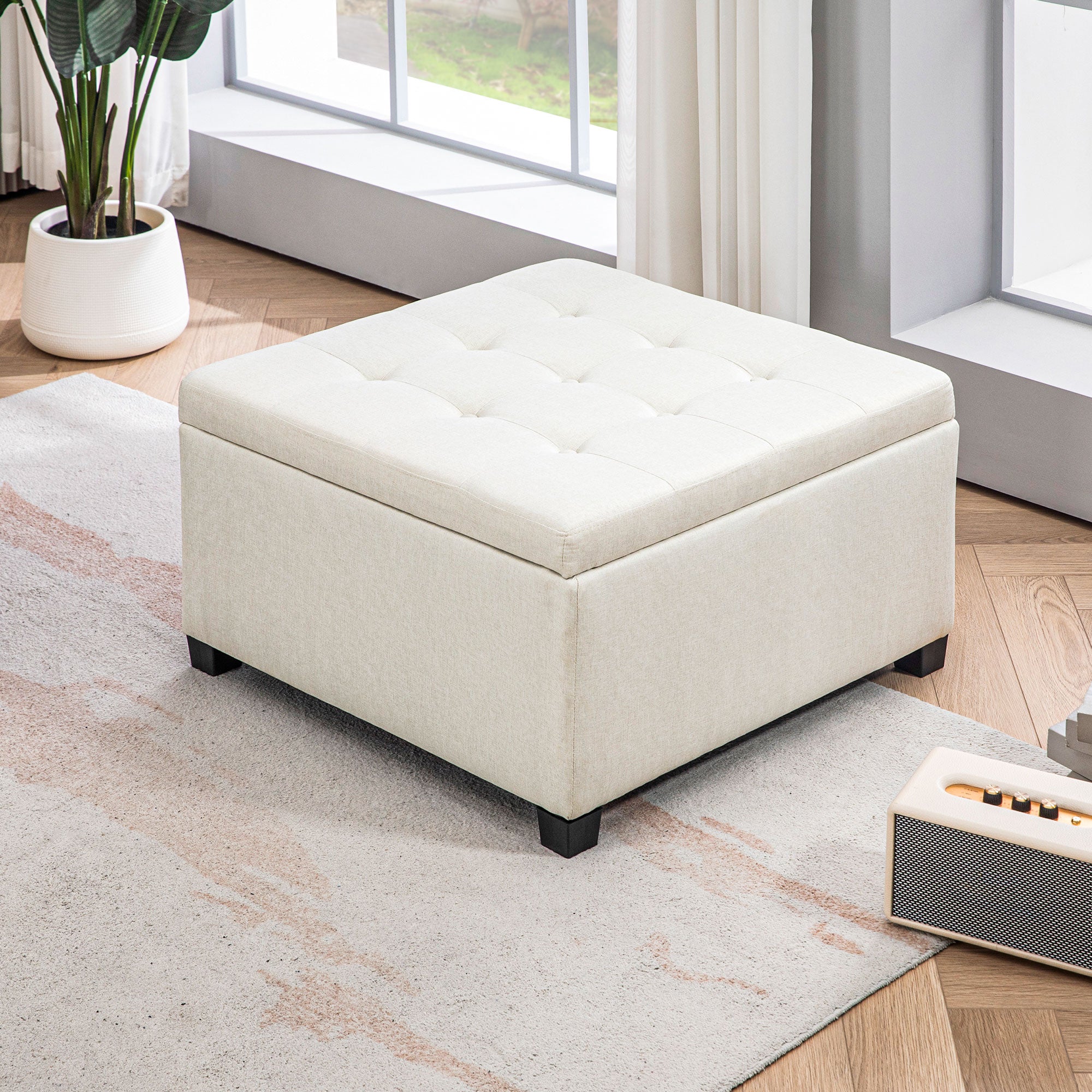 Round Storage Ottoman Bench, Button Tufted Ottoman with Flip Top for Entryway, Beige