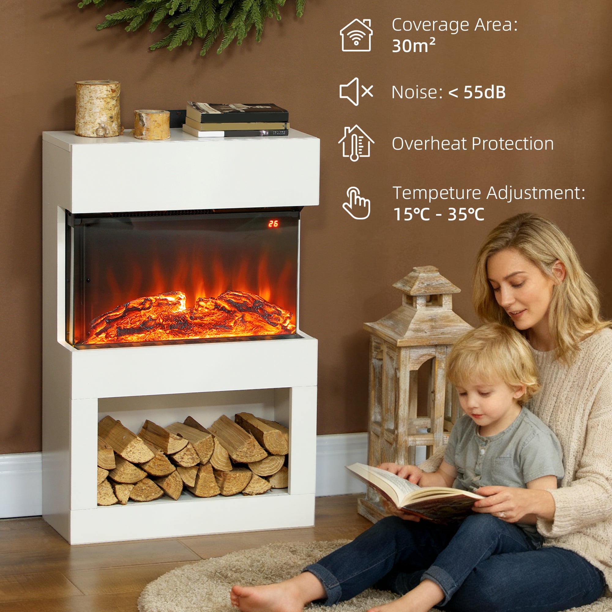 19" Electric Fireplace with Surround, 3D Flame Effect, 6 Colours & 3 Brightness Levels, 1000W/2000W White Electric Fire and Mantel Reach up to 30㎡ Space with Remote & Timer, 3 Sided View