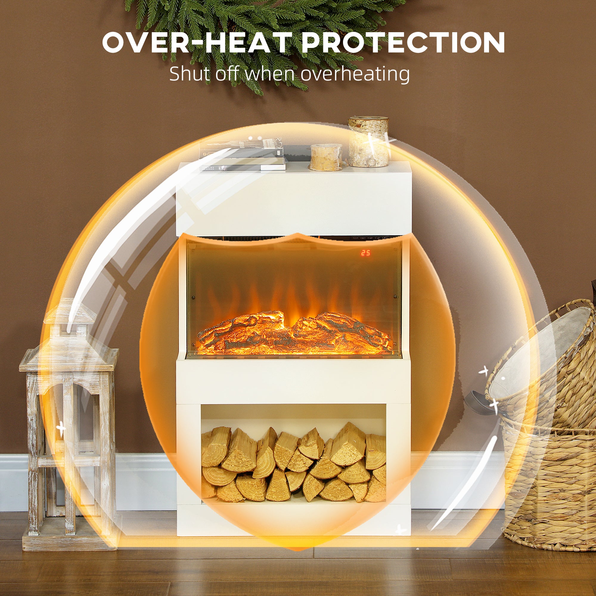 19" Electric Fireplace with Surround, 3D Flame Effect, 6 Colours & 3 Brightness Levels, 1000W/2000W White Electric Fire and Mantel Reach up to 30㎡ Space with Remote & Timer, 3 Sided View