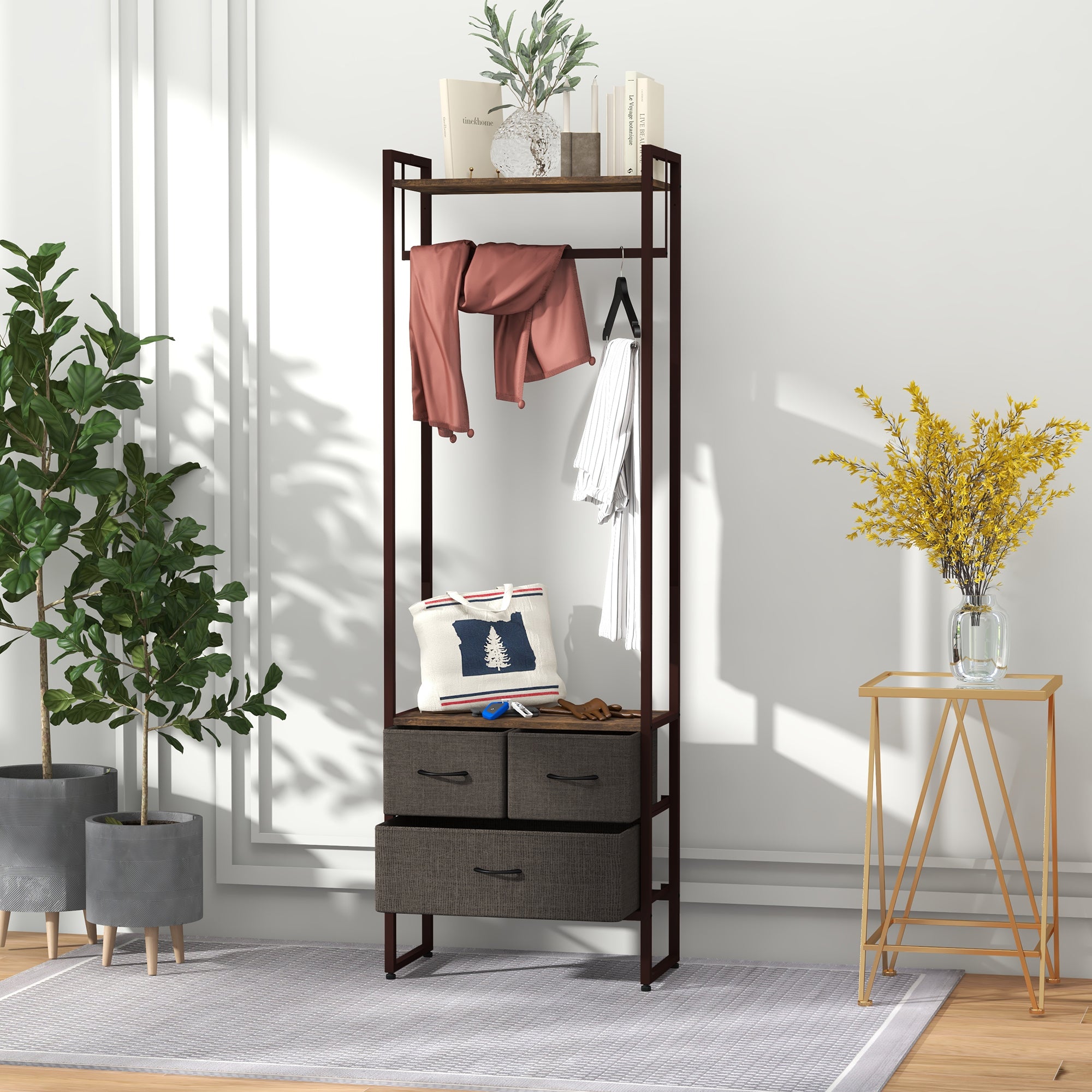 Free Standing Clothes Rail with 3 Fabric Drawers and Storage Shelves, Garment Rack, Hanging Rail for Hallway, Bedroom and Living Room, Rustic Brown