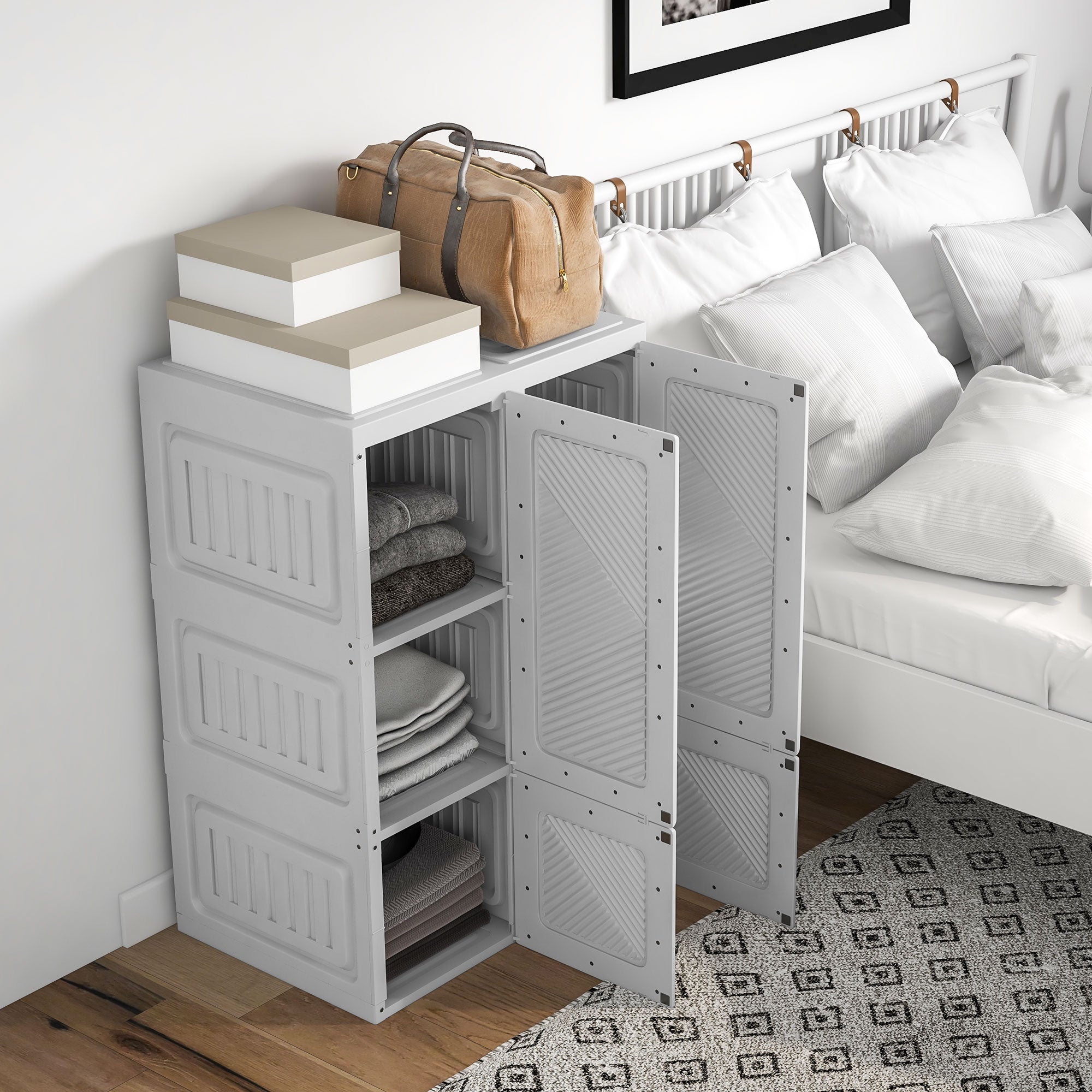 Portable Wardrobe Foldable Clothes Storage Organizer with 6 Compartments White