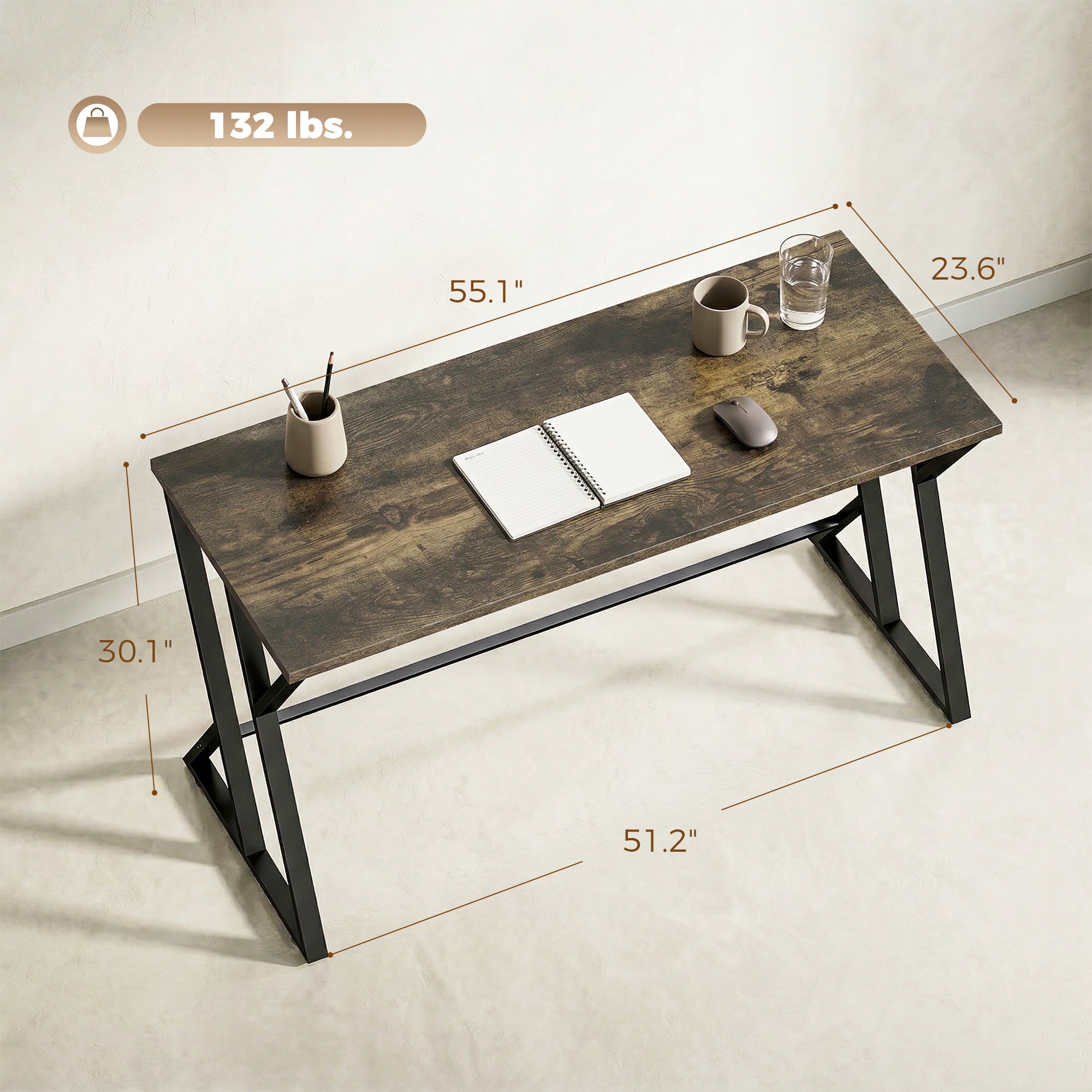 55 Inch Computer Desk, Industrial Writing Desk with Z-Shaped Metal Leg, Study Table for Home Office, Bedroom, Small Spaces, Rustic Brown