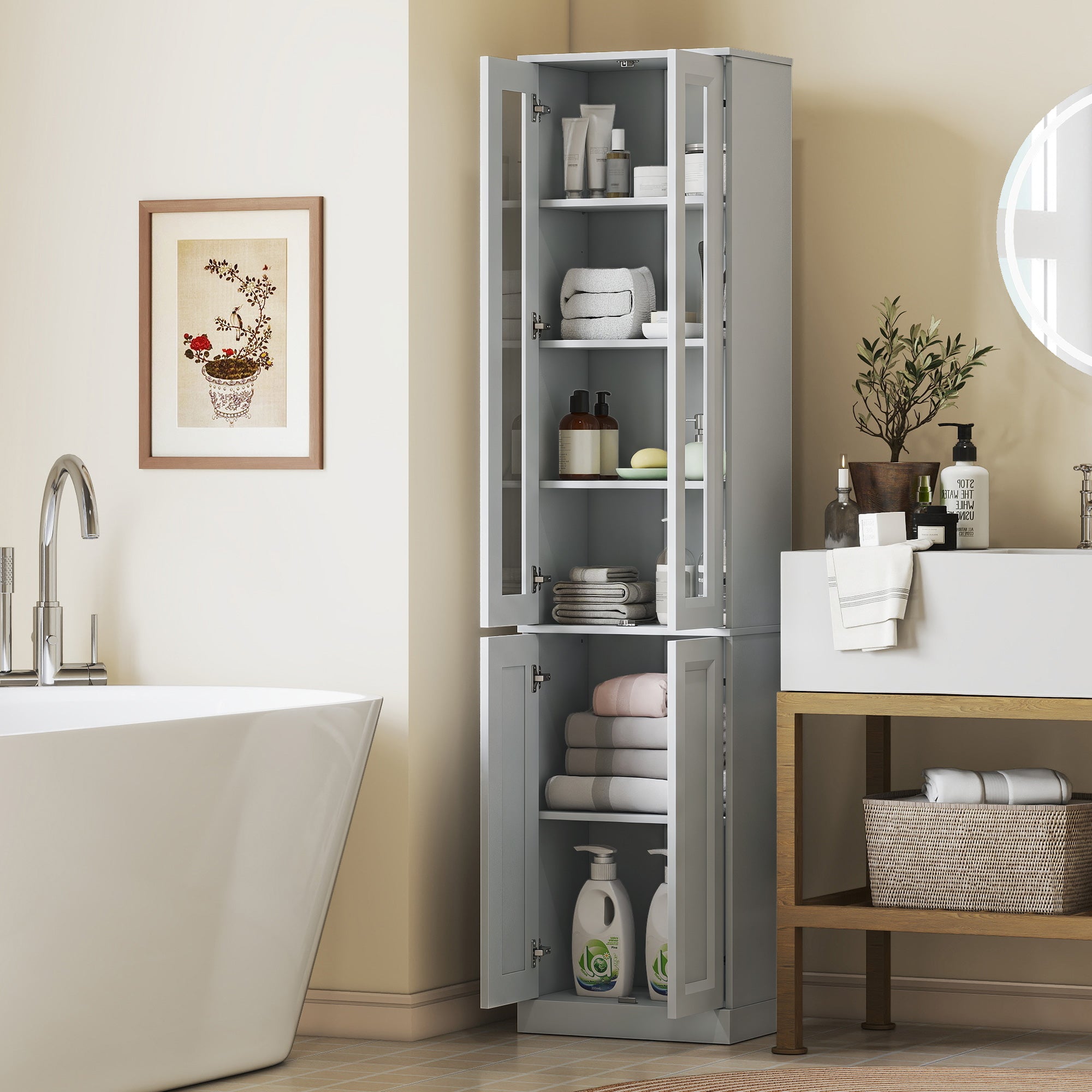Tall Bathroom Storage Cabinet, 6-Tier Slim Freestanding Bathroom Cabinet with Adjustable Shelf, 4 Soft-Close Doors, Storage Unit for Small Space, 38 x 26 x 160 cm, Dusty Blue