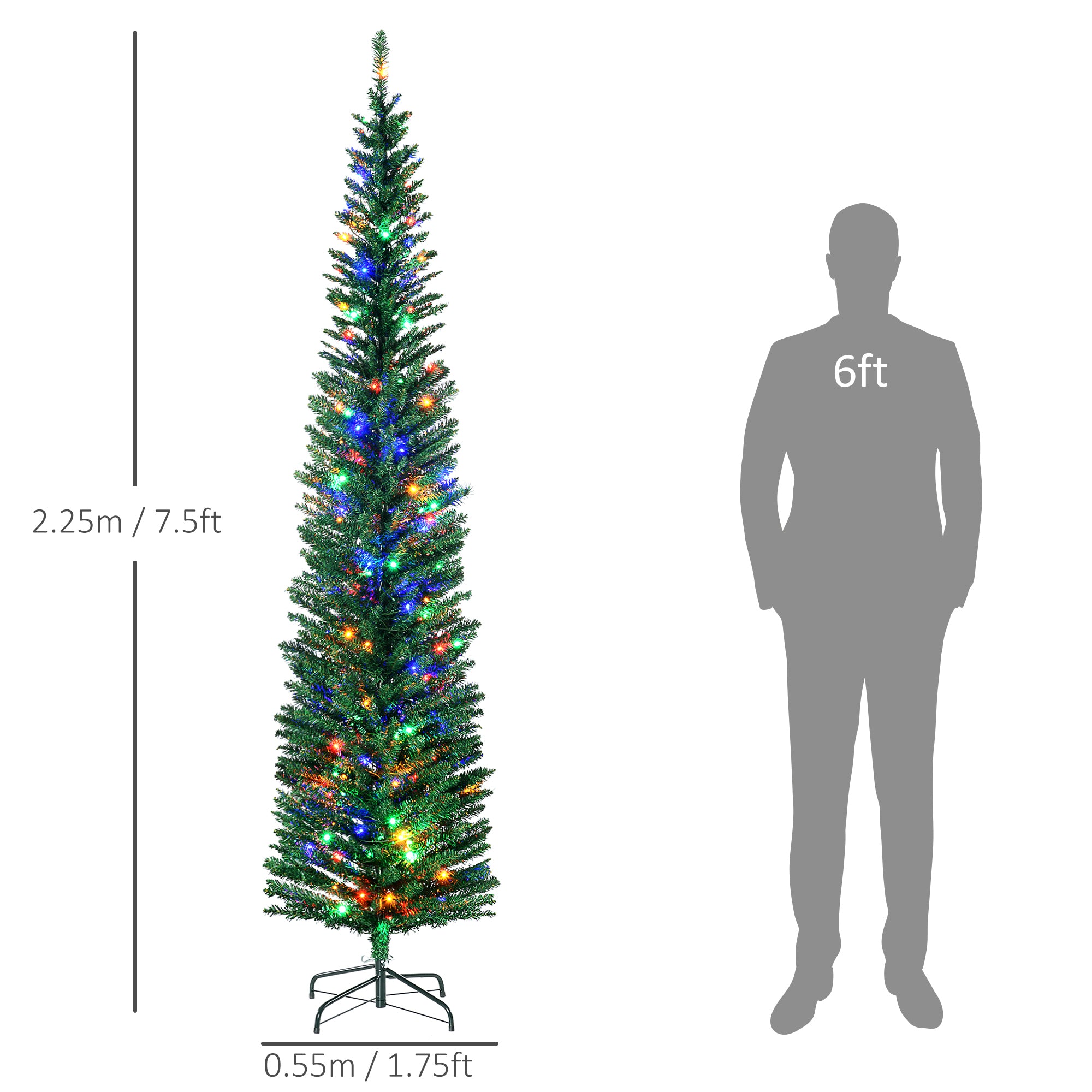 7.5ft Pre Lit Artificial Christmas Tree Holiday Décor with 200 Colourful LED Lights and 529 Tips, Pencil Shape, Steel Base