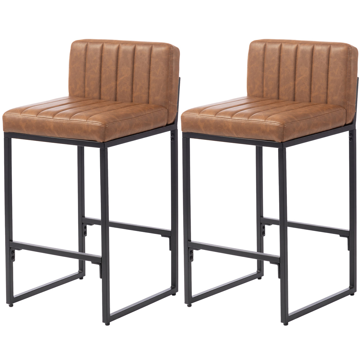 Bar Stools Set of 2, Retro Padded Counter Height Stools with Back and Metal Leg, Vintage PU Leather, Easy-Clean Kitchen Chairs, Brown