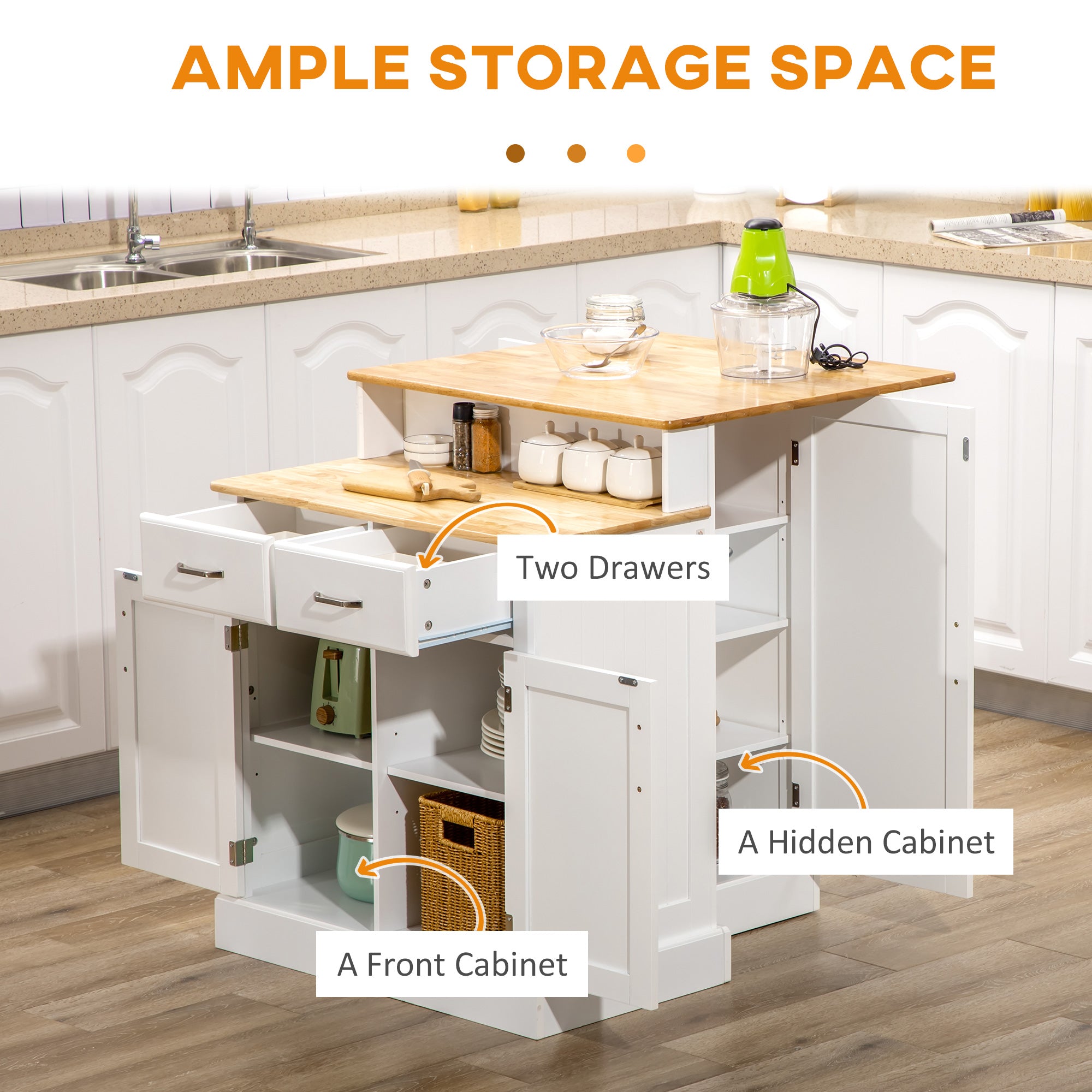 Kitchen Island with Storage Cabinet and 2 Level Rubber Wood Tabletop White