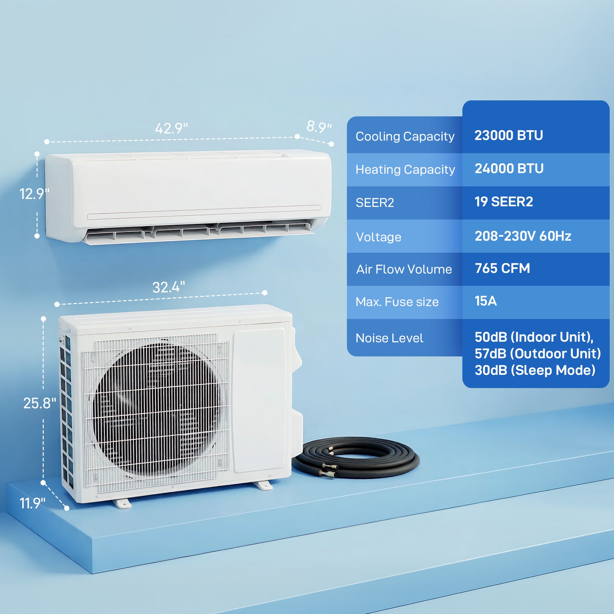 24000 BTU Mini Split Air Conditioner and Heat Pump, 19 SEER2 230V Energy Efficient Ductless Inverter AC Unit Cools up to 1500 Sq.Ft, Complete Installation Kit