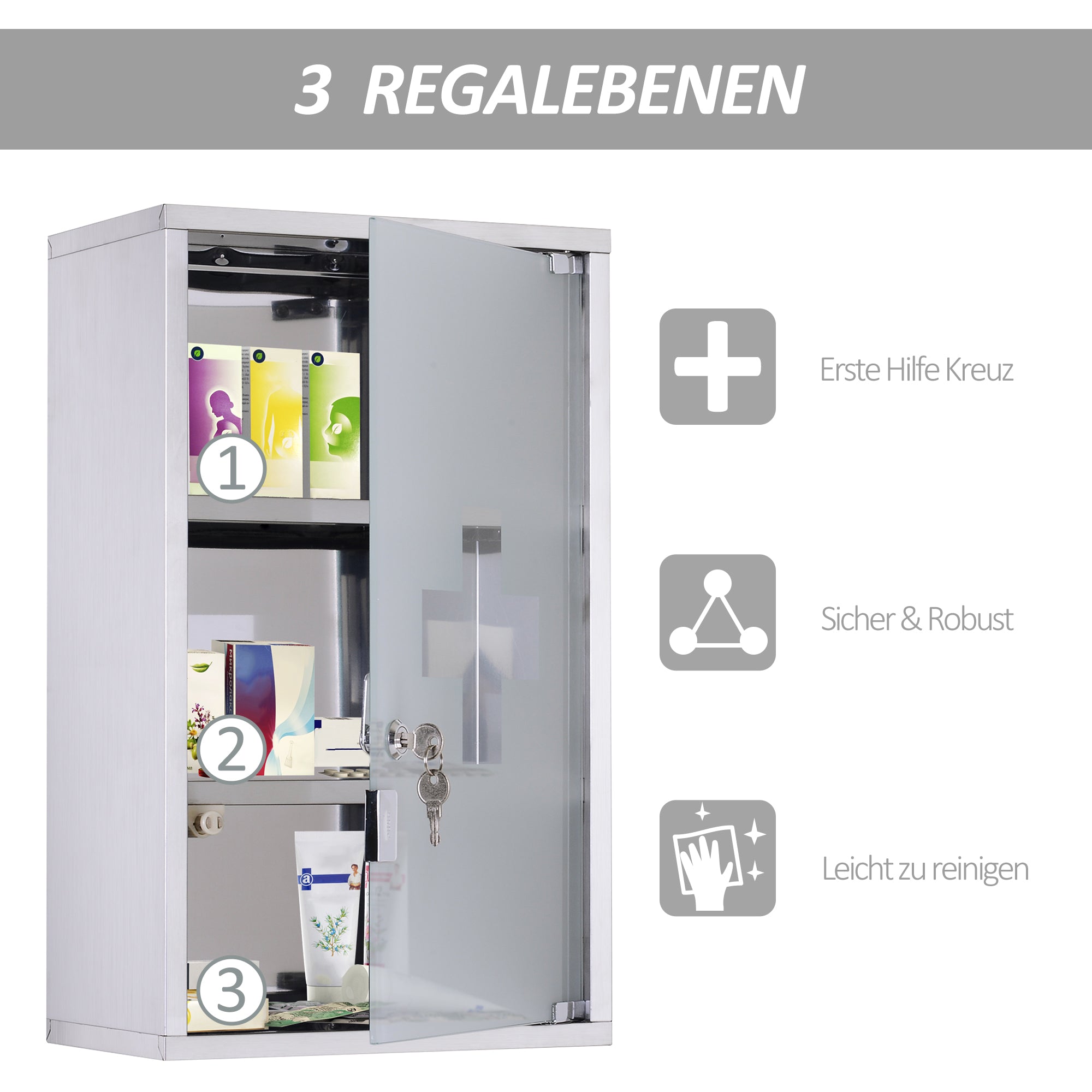 12" x 20" Stainless Steel Lockable Medicine Cabinet with 2 Keys and Shelves for Bathroom