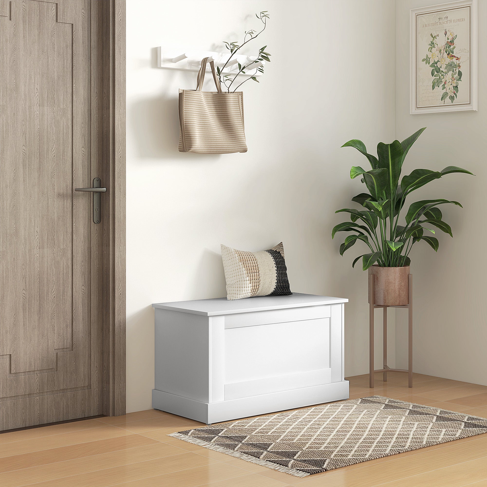 HOMCOM Storage Chest, Storage Trunk with Safety Hinge, Wooden Box for Living Room, Entryway, 31.5" x 15.7" x 17.7", White Wood Grain