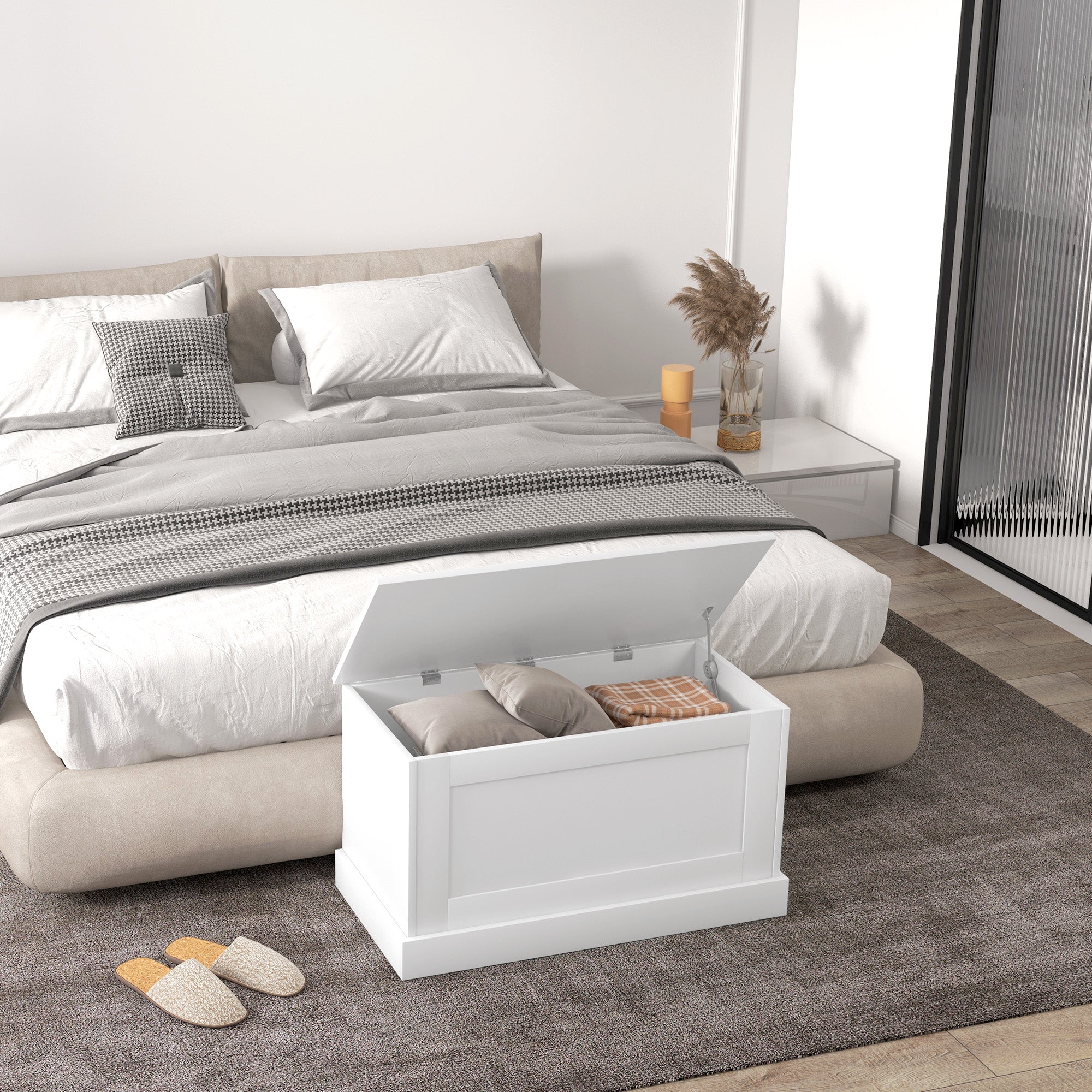 HOMCOM Storage Chest, Storage Trunk with Safety Hinge, Wooden Box for Living Room, Entryway, 31.5" x 15.7" x 17.7", White Wood Grain