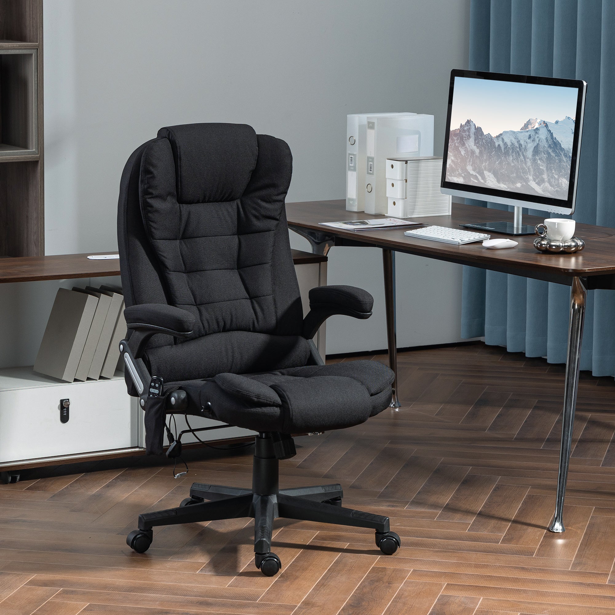 6 Points Heated Massage Office Chair, Linen High Back Executive Office Chair, Black