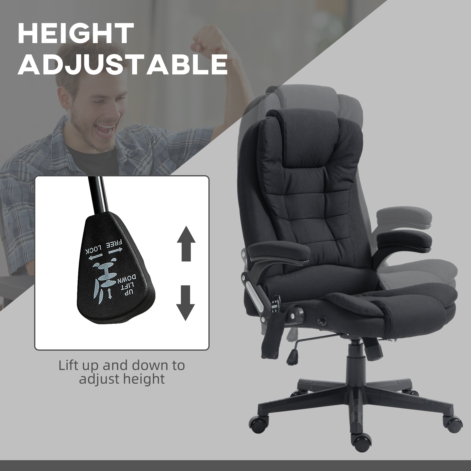 6 Points Heated Massage Office Chair, Linen High Back Executive Office Chair, Black