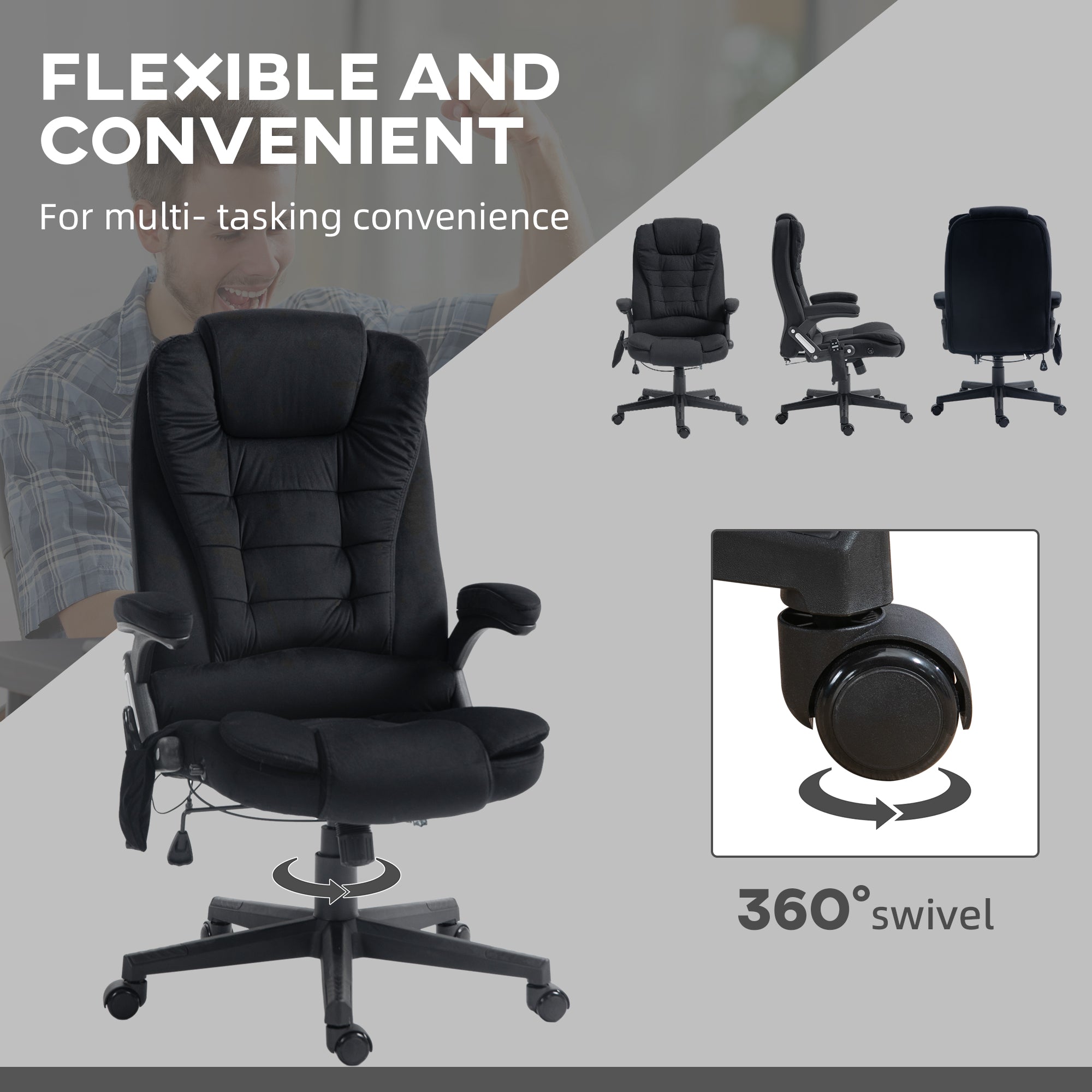6 Points Heated Massage Office Chair, Linen High Back Executive Office Chair, Black