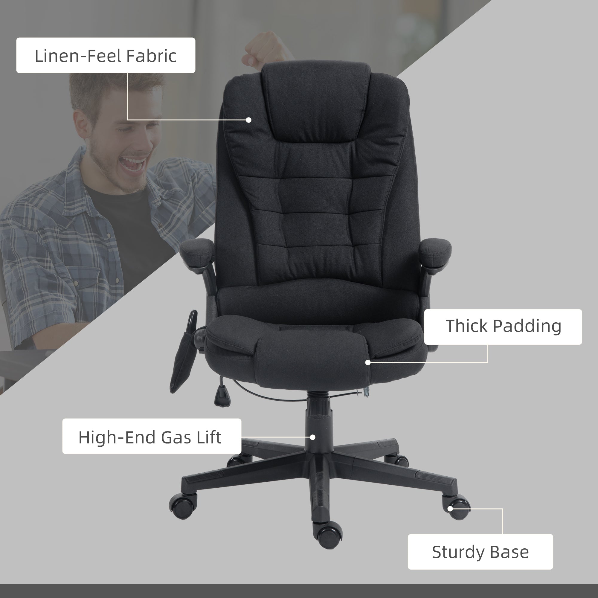 6 Points Heated Massage Office Chair, Linen High Back Executive Office Chair, Black