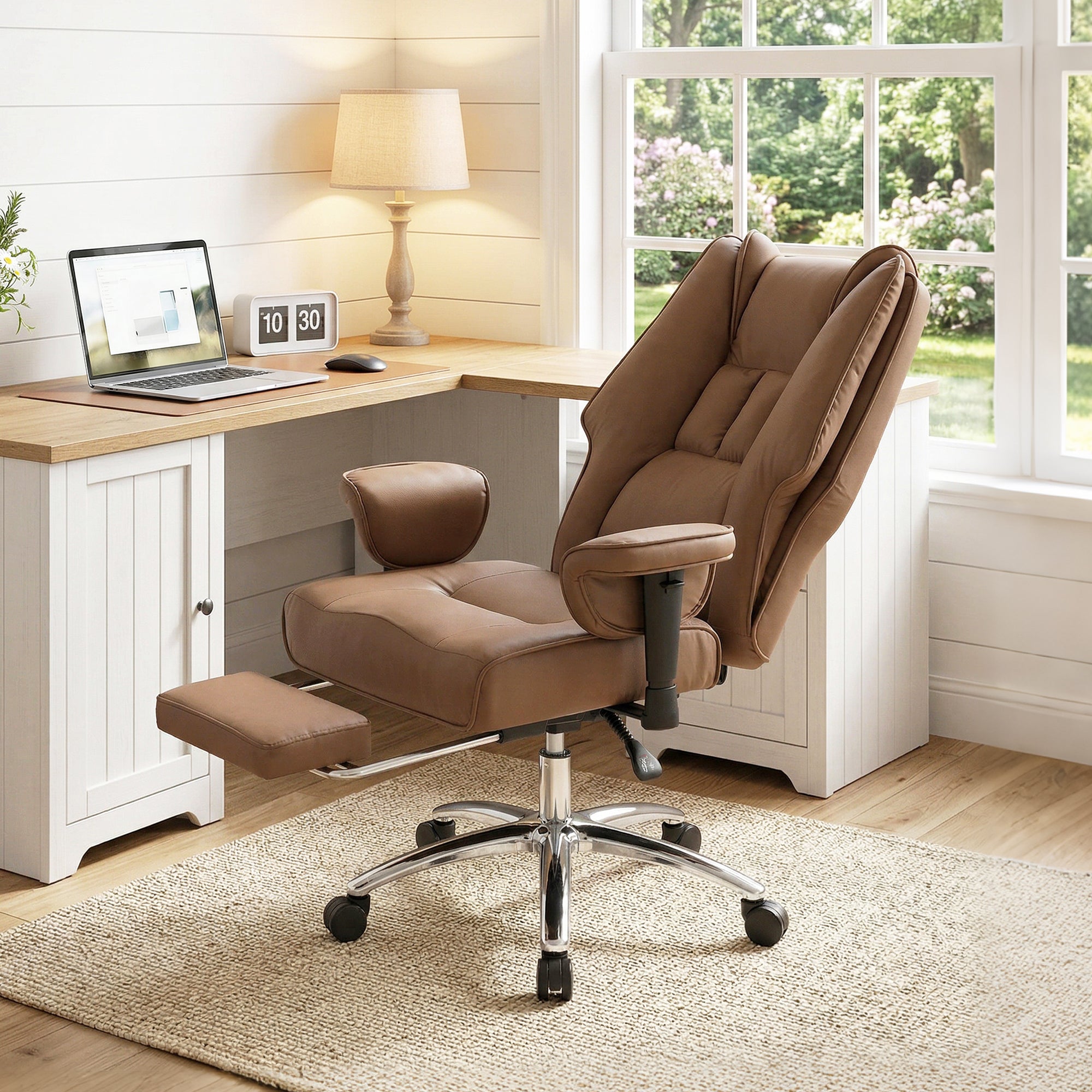 Ergonomic Executive Office Chair with Foot Rest, Reclining Swivel Computer Desk Chair with Adjustable Armrests, Spring Seat, High Back, Thick Cushion, Pet Friendly Faux Leather, Brown