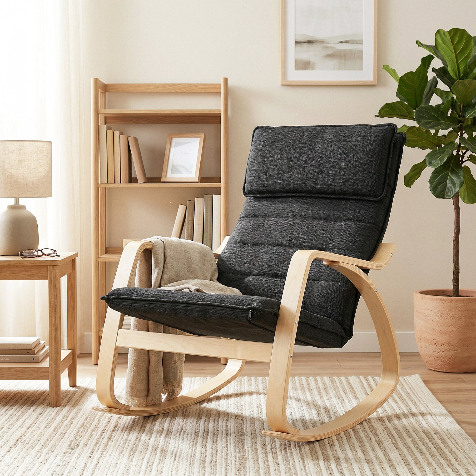 Comfortable Relax Rocking Chair, Upholstered Lounge Chair with High Back and Headrest for Living Room, Bedroom, Black