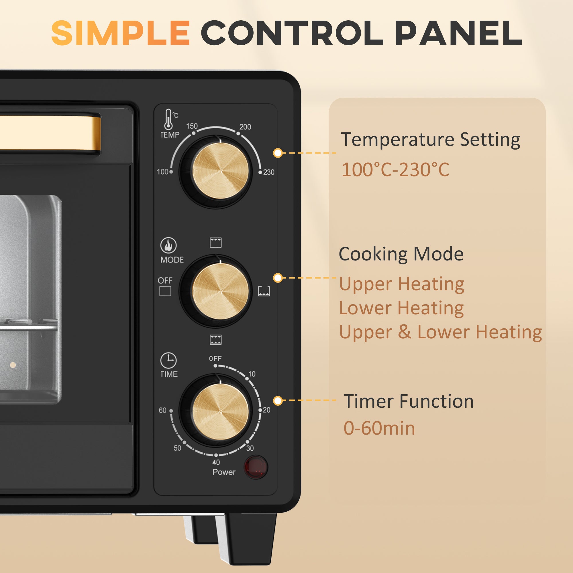 HOMCOM Mini Oven, 16L Countertop Electric Grill, Toaster Oven with Adjustable Temperature, 60 Min Timer, Crumb Tray, Baking Tray, Wire Rack, Tray Handle, 1400W, Black