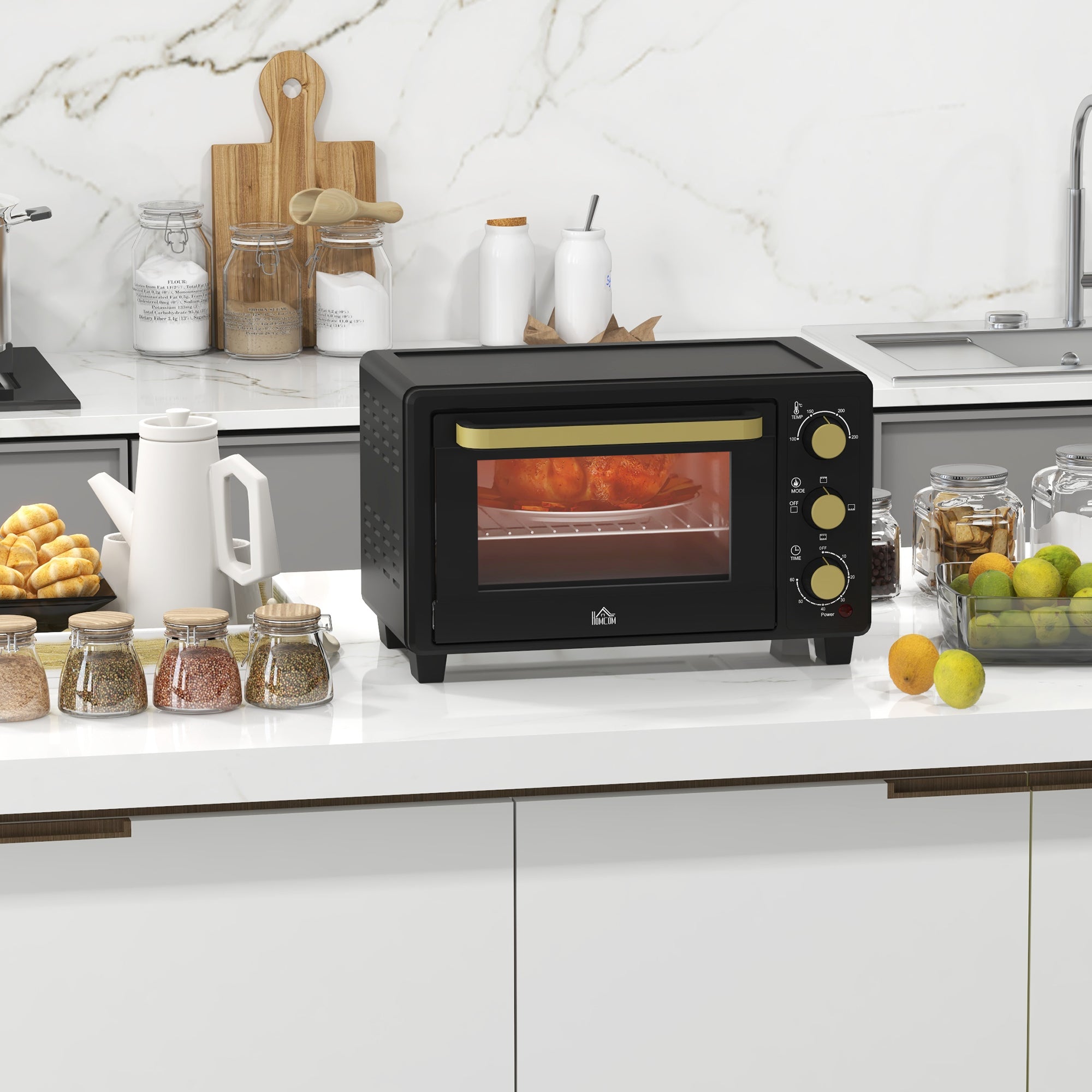 HOMCOM Mini Oven, 16L Countertop Electric Grill, Toaster Oven with Adjustable Temperature, 60 Min Timer, Crumb Tray, Baking Tray, Wire Rack, Tray Handle, 1400W, Black