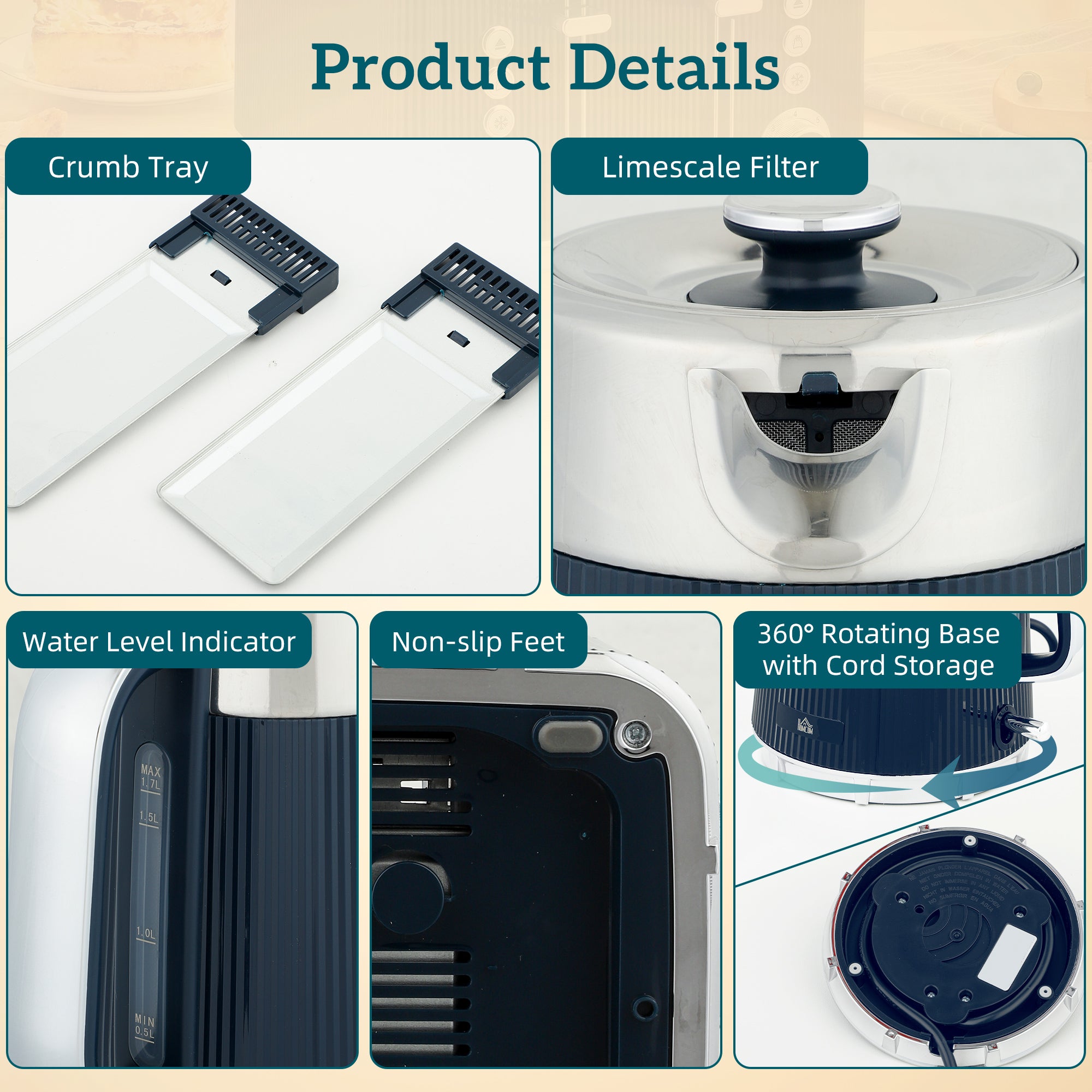 Electric Stainless Steel Kettle and Toaster Set, 3000W 1.7L UK Strix Thermostat Fast Boil Kettle w/ Limescale Filter, Cool Touch Body, 4 Slice Toaster with 7 Browning Levels, Dark Blue