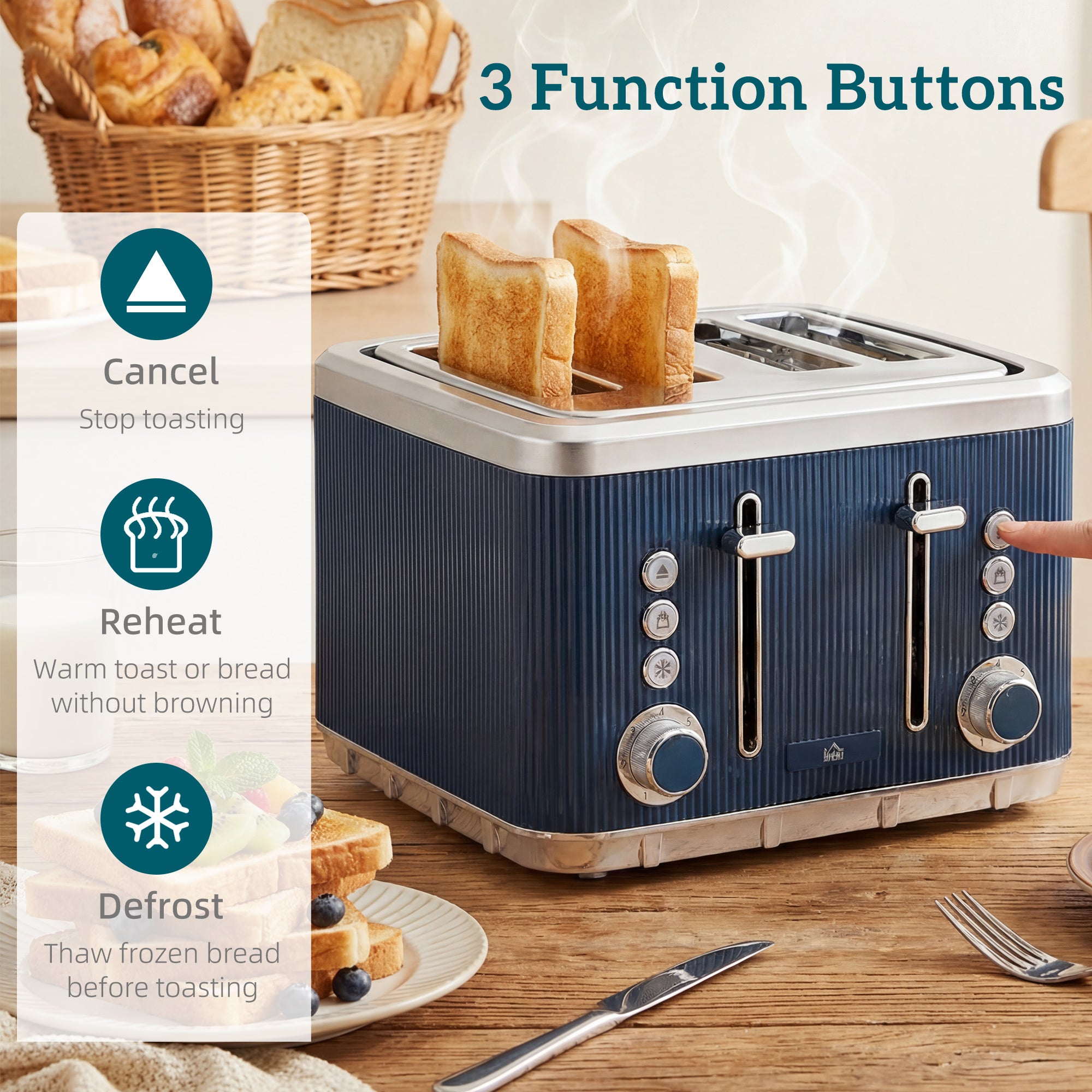 Electric Stainless Steel Kettle and Toaster Set, 3000W 1.7L UK Strix Thermostat Fast Boil Kettle w/ Limescale Filter, Cool Touch Body, 4 Slice Toaster with 7 Browning Levels, Dark Blue