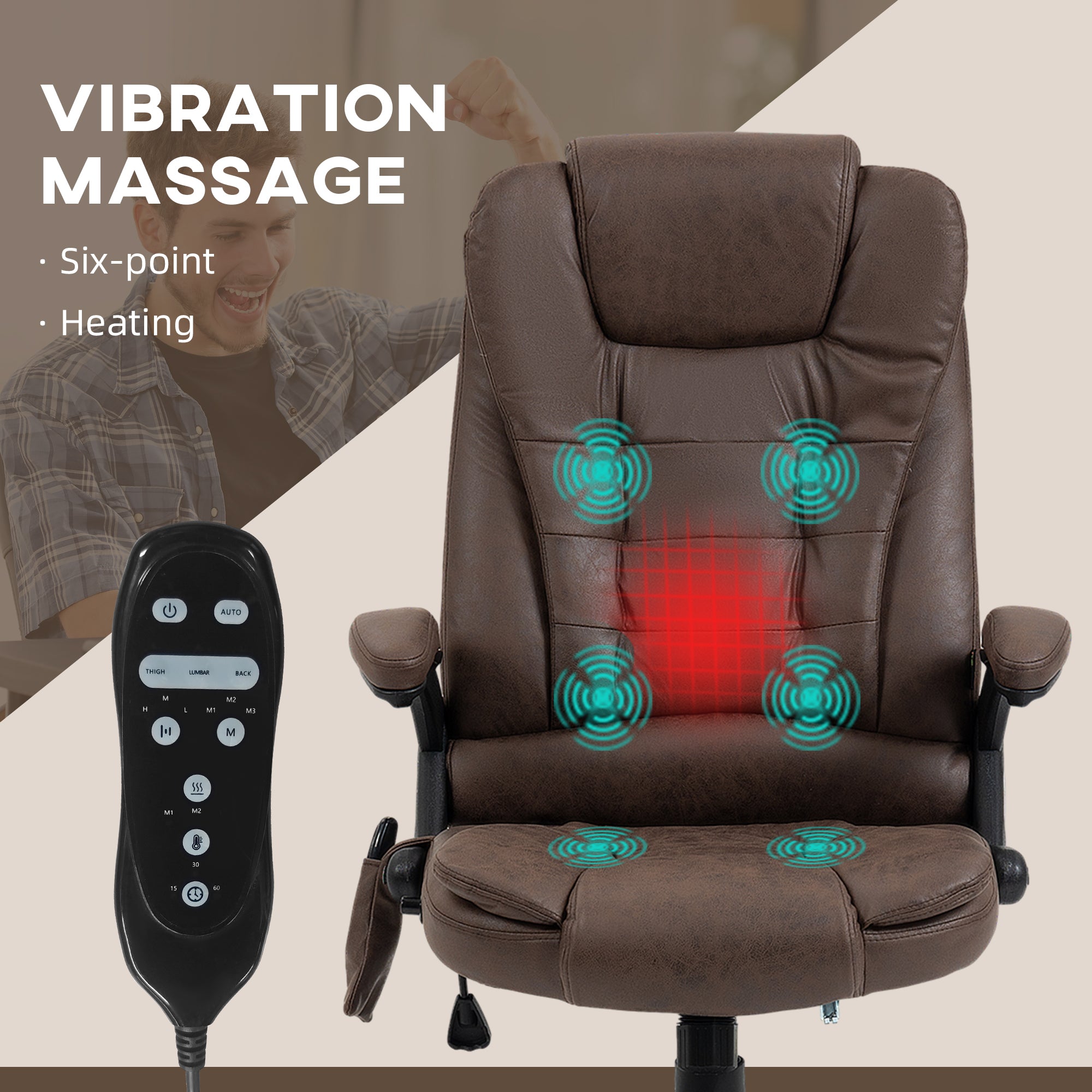 6 Points Heated Massage Office Chair, Microfiber High Back Executive Office Chair, Coffee