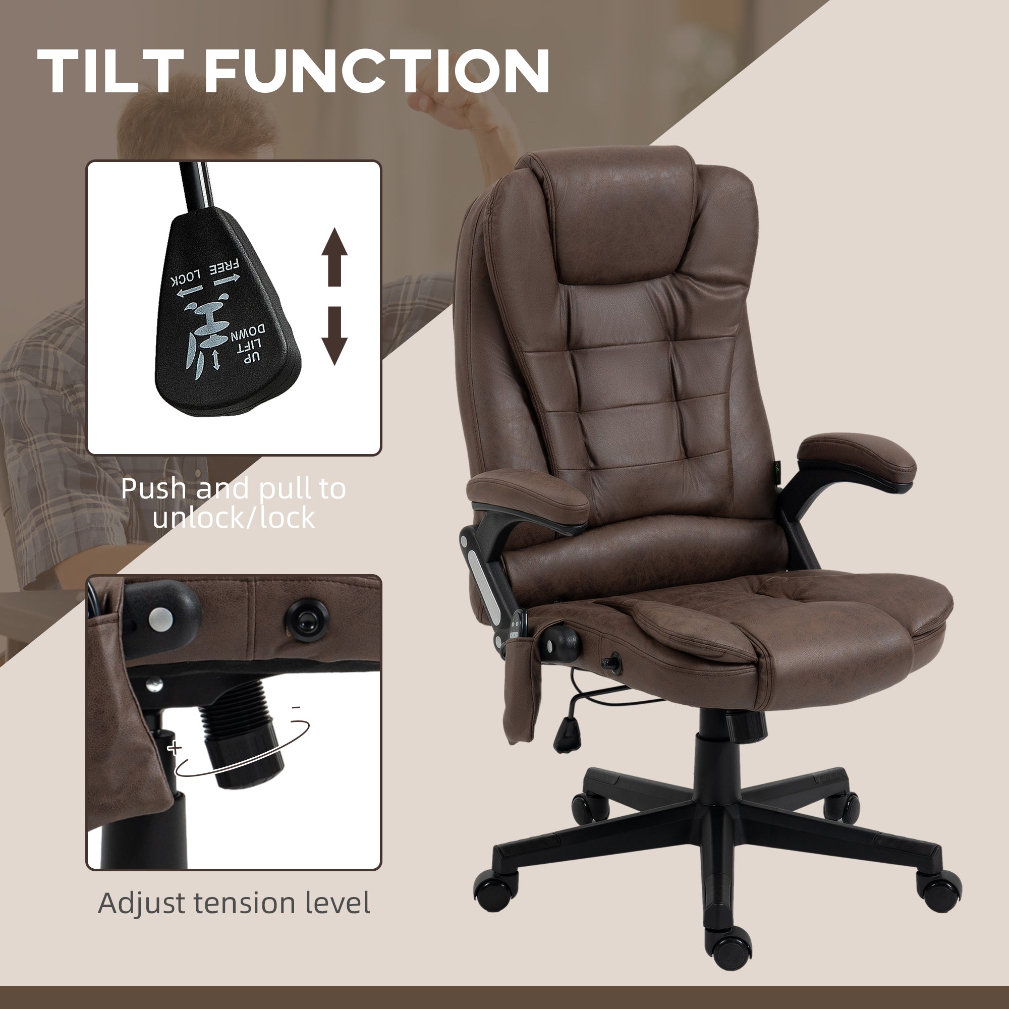 6 Points Heated Massage Office Chair, Microfiber High Back Executive Office Chair, Coffee