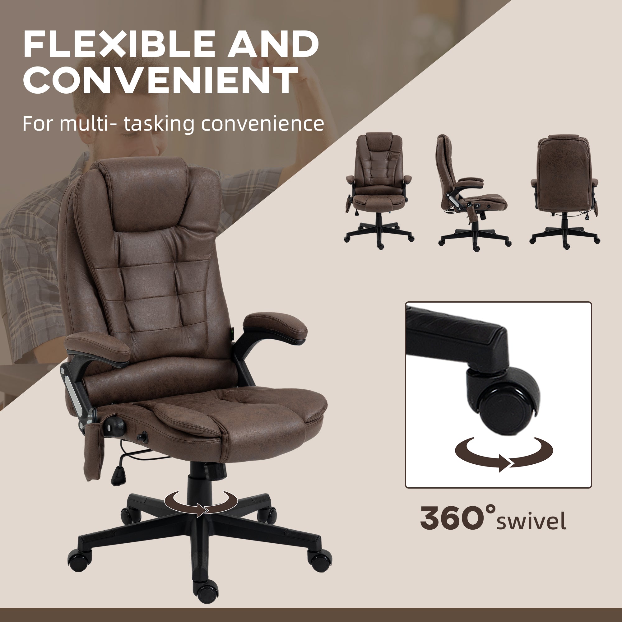 6 Points Heated Massage Office Chair, Microfiber High Back Executive Office Chair, Coffee