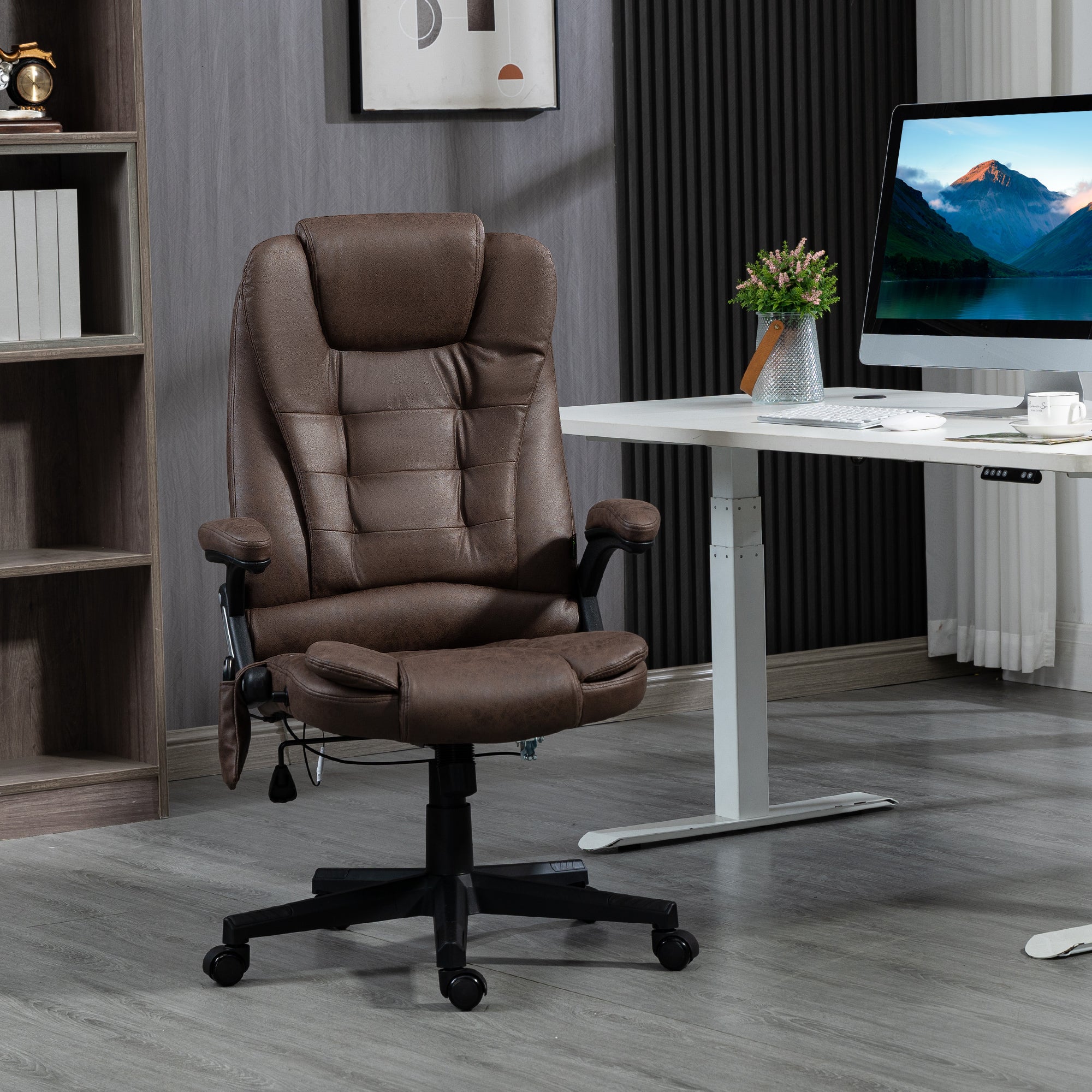 6 Points Heated Massage Office Chair, Microfiber High Back Executive Office Chair, Coffee