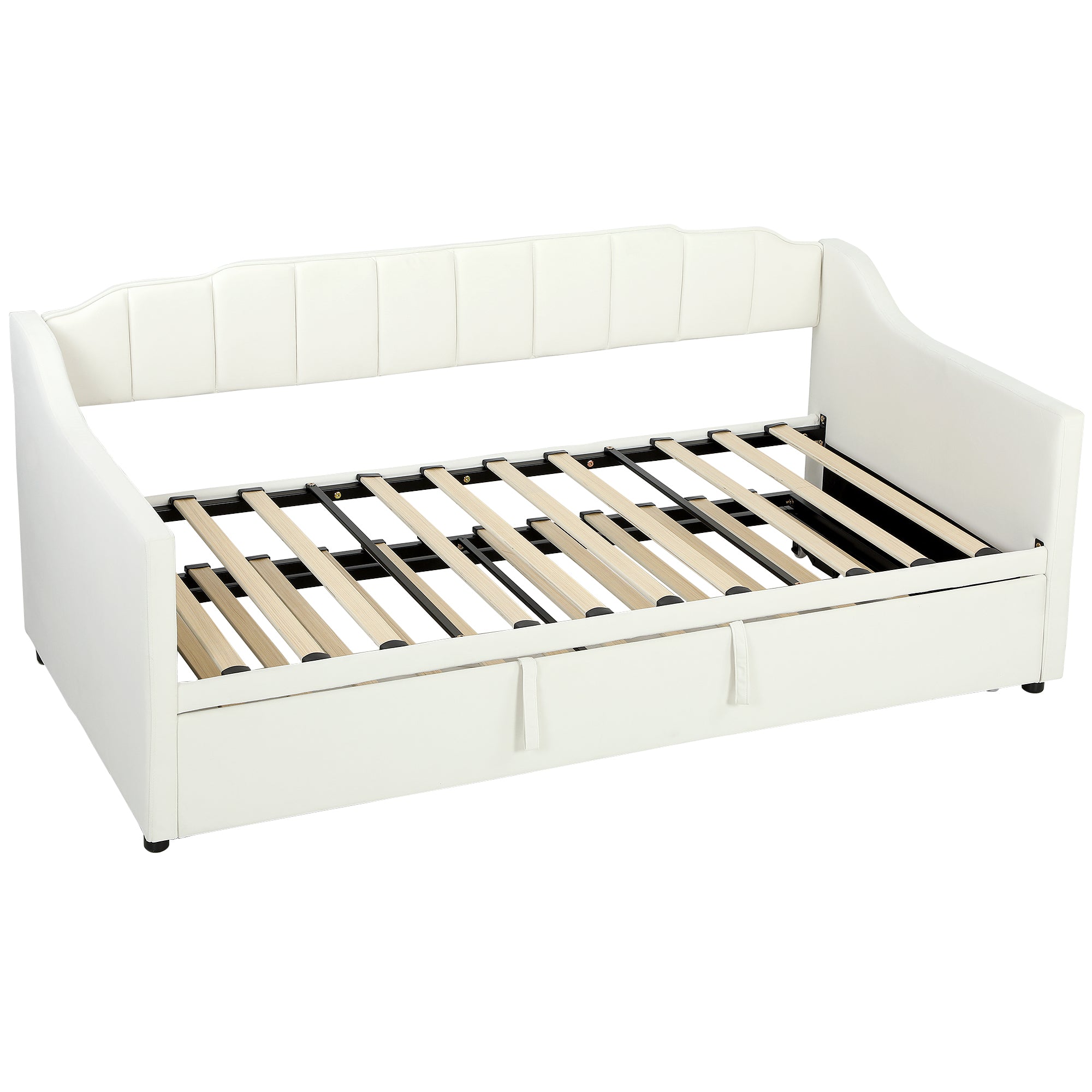 Upholstered Twin Daybed with Pop Up Trundle, Twin to King Sofa Day Bed Frame with Headboard, Armrests, Velvet Trundle Bed with Wood Slat Support for Living Room, Cream White