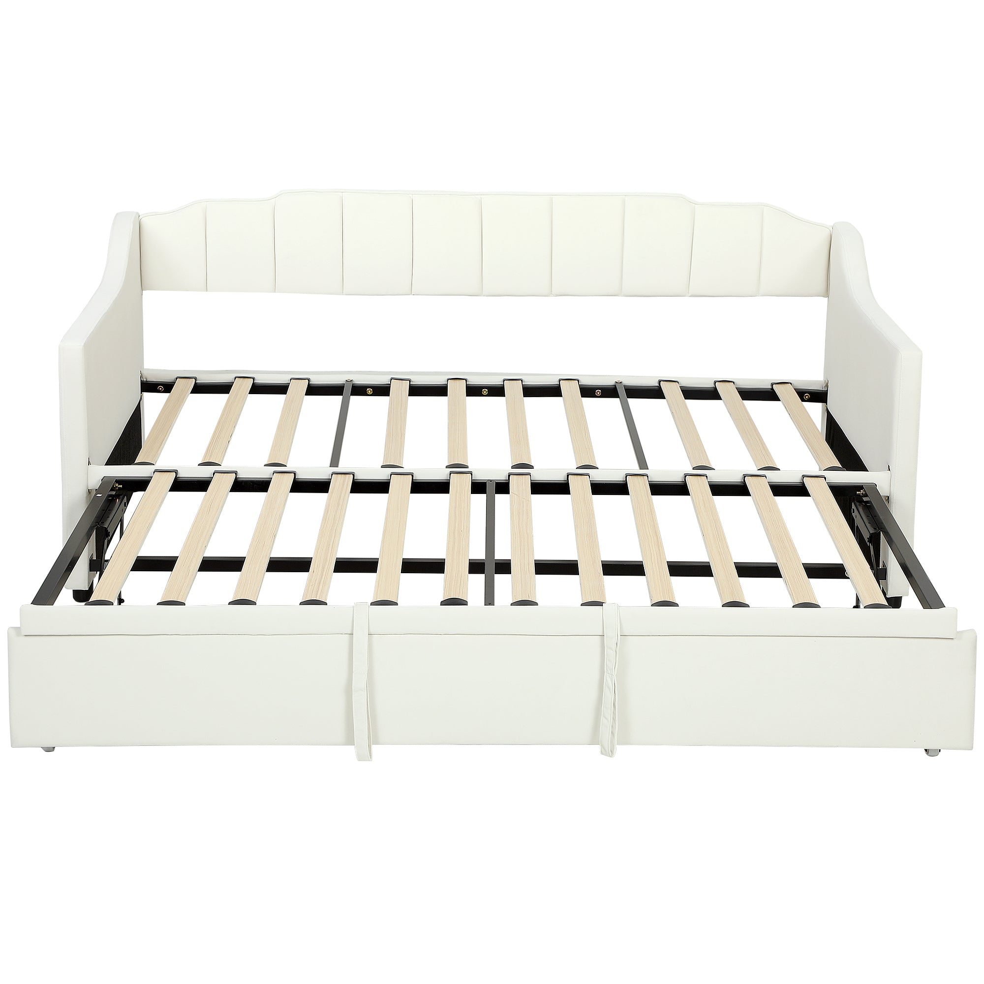 Upholstered Twin Daybed with Pop Up Trundle, Twin to King Sofa Day Bed Frame with Headboard, Armrests, Velvet Trundle Bed with Wood Slat Support for Living Room, Cream White