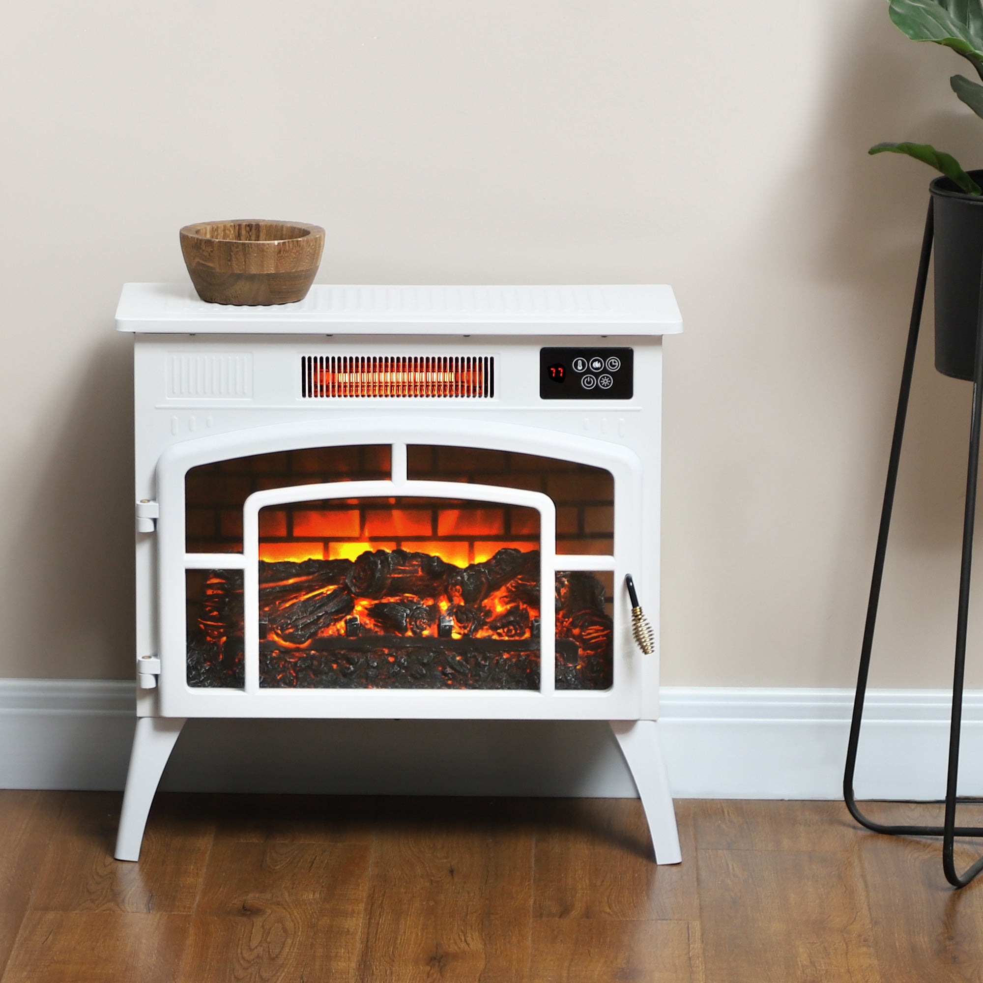 Electric Fireplace Stove Heater w/ Realistic Flame & Adjustable Temperature, White