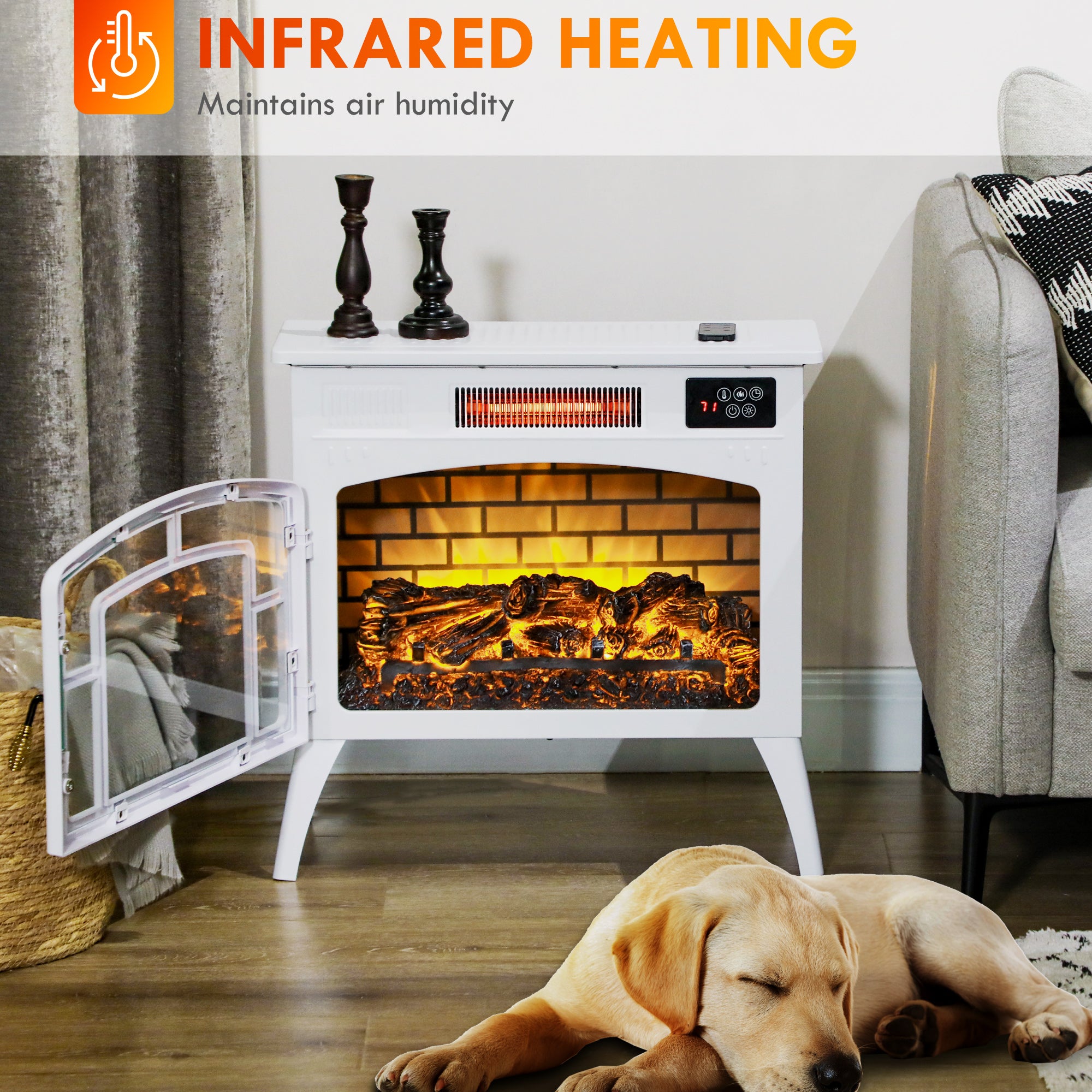 HOMCOM Electric Fireplace Stove, 22" 1500W Portable Freestanding Infrared Fireplace Heater with Realistic Flame, Indoor Stove Heater with Adjustable Colour and Thermostat, White