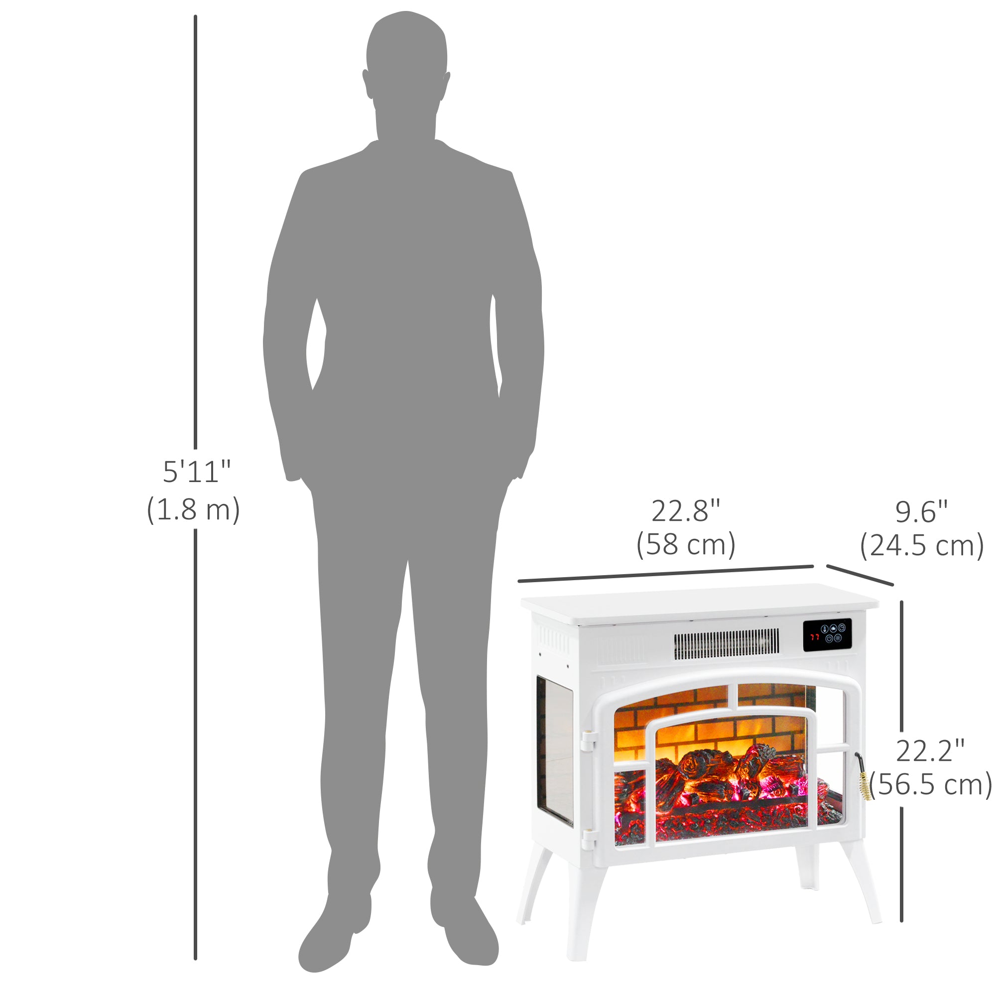 HOMCOM Electric Fireplace Stove, 22" 1500W Portable Freestanding Infrared Fireplace Heater with Realistic Flame, Indoor Stove Heater with Adjustable Colour and Thermostat, White